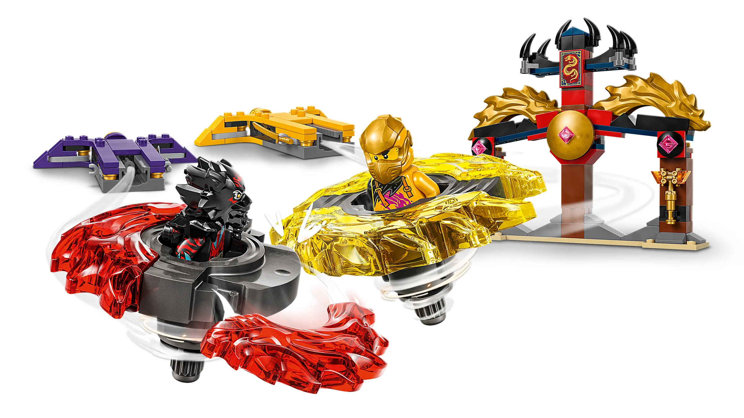 Imagine cu setul LEGO Ninjago 71826: arene de luptă Spinjitzu dragon, cu figurine și accesorii.