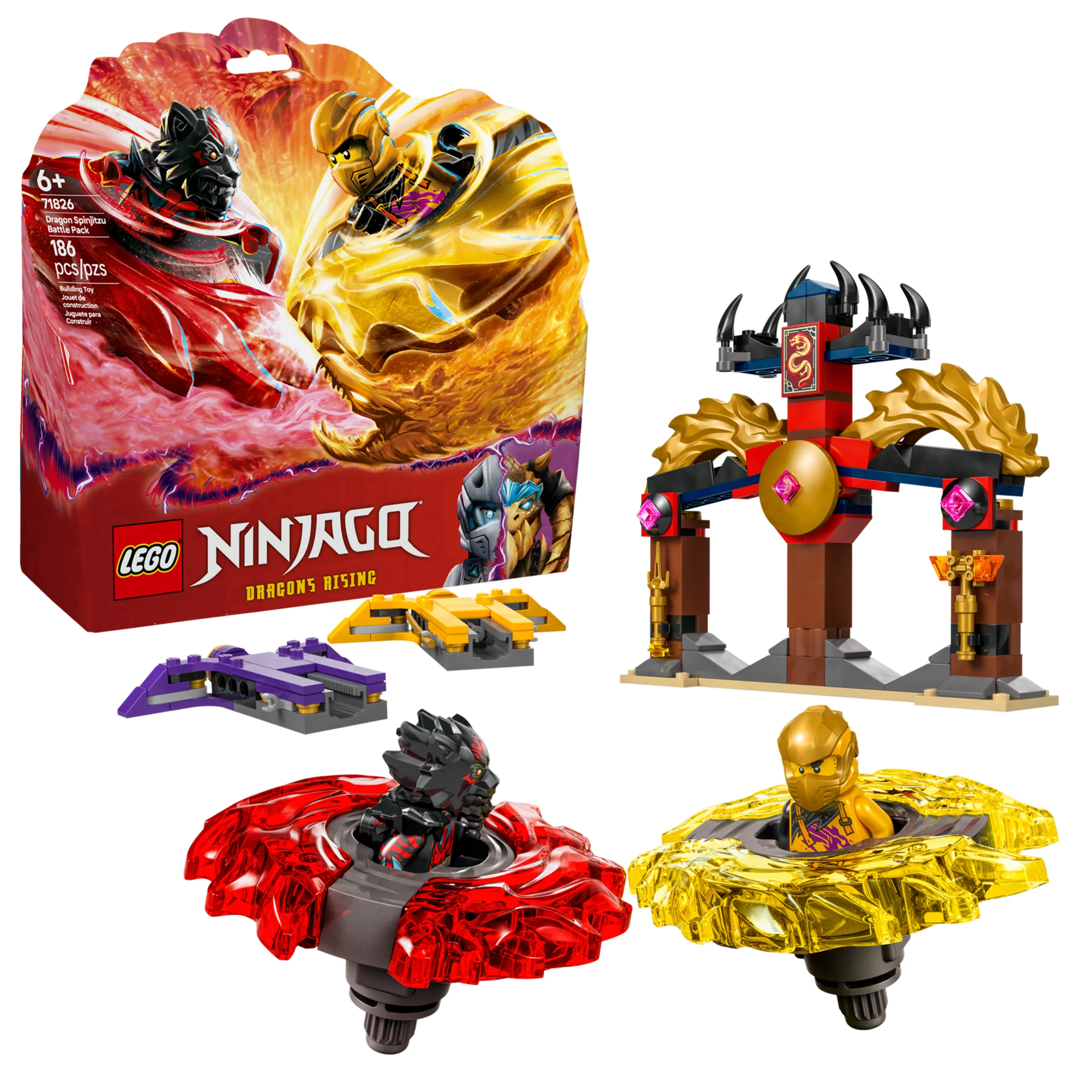 Imagine cu setul LEGO Ninjago 71826, prezentând cutia, minifigurinele și arena de luptă.