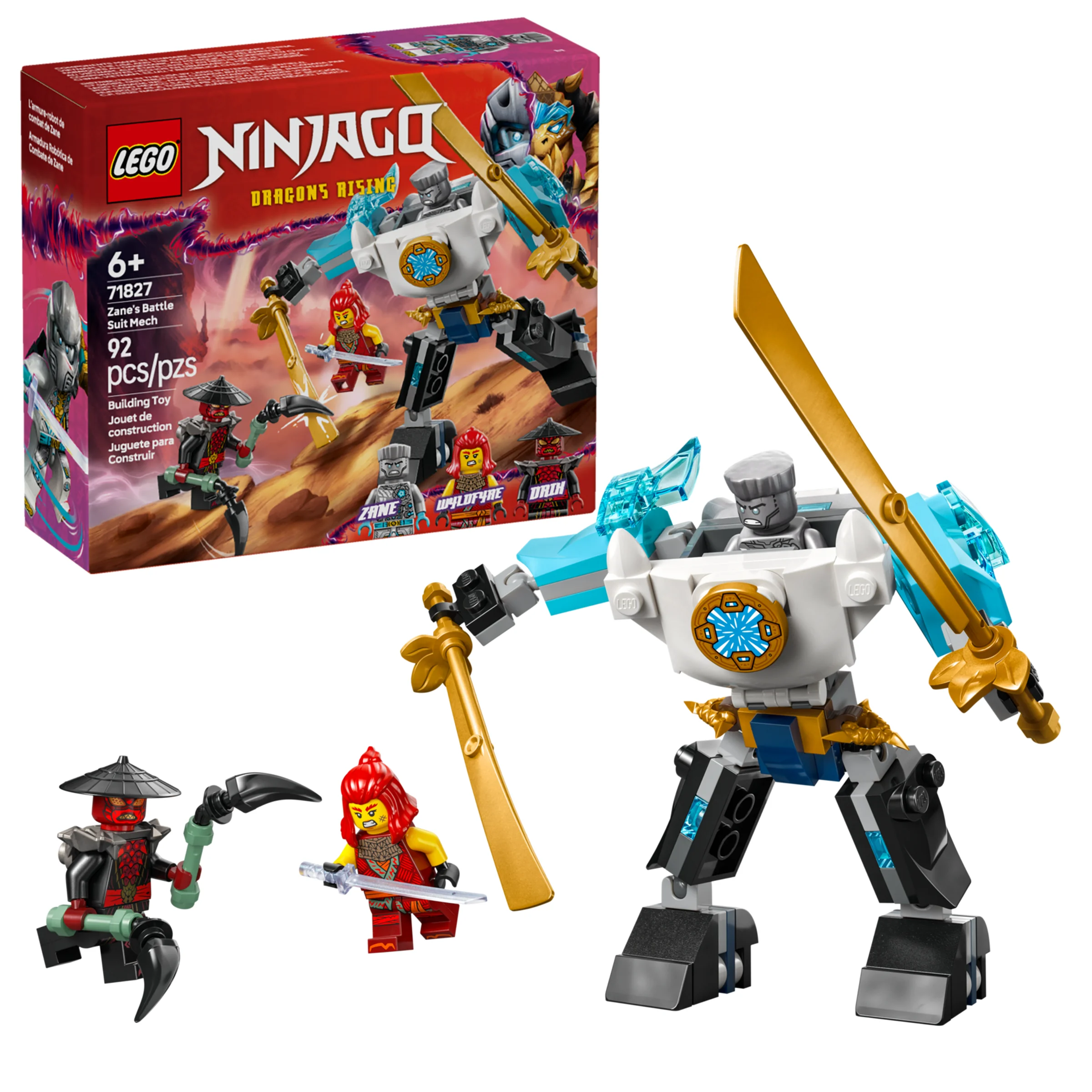 Imagine cu setul LEGO Ninjago 71827, armura de luptă a lui Zane și minifigurinele incluse.