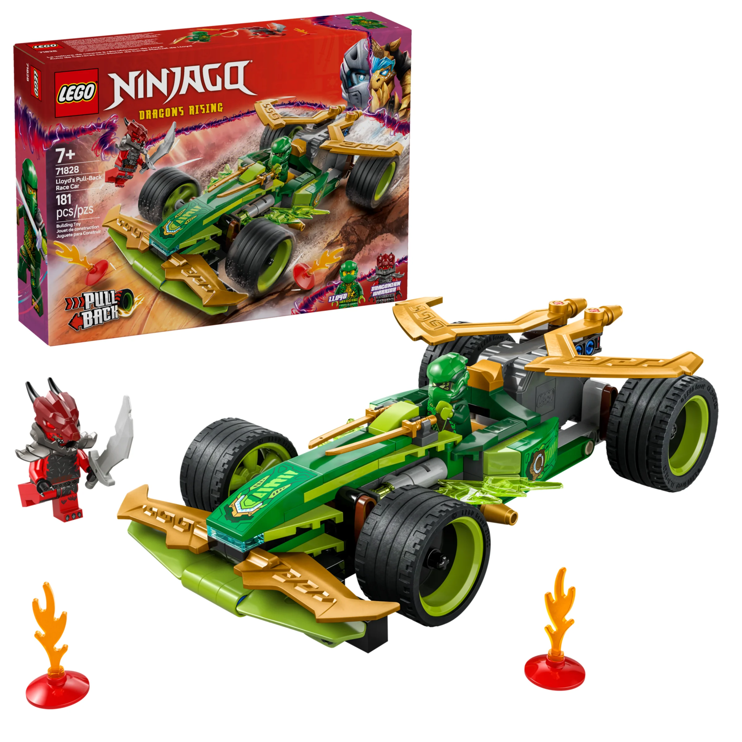 Imagine cu setul LEGO 71828: mașina lui Lloyd și cutia, cu minifigurine. Aspect atrăgător, detaliat.