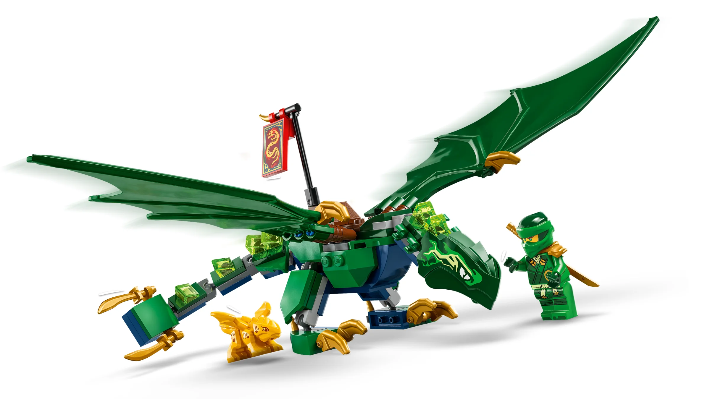 Dragonul verde al lui Lloyd LEGO Ninjago, cu Lloyd și un iepure auriu. Aspect detaliat.