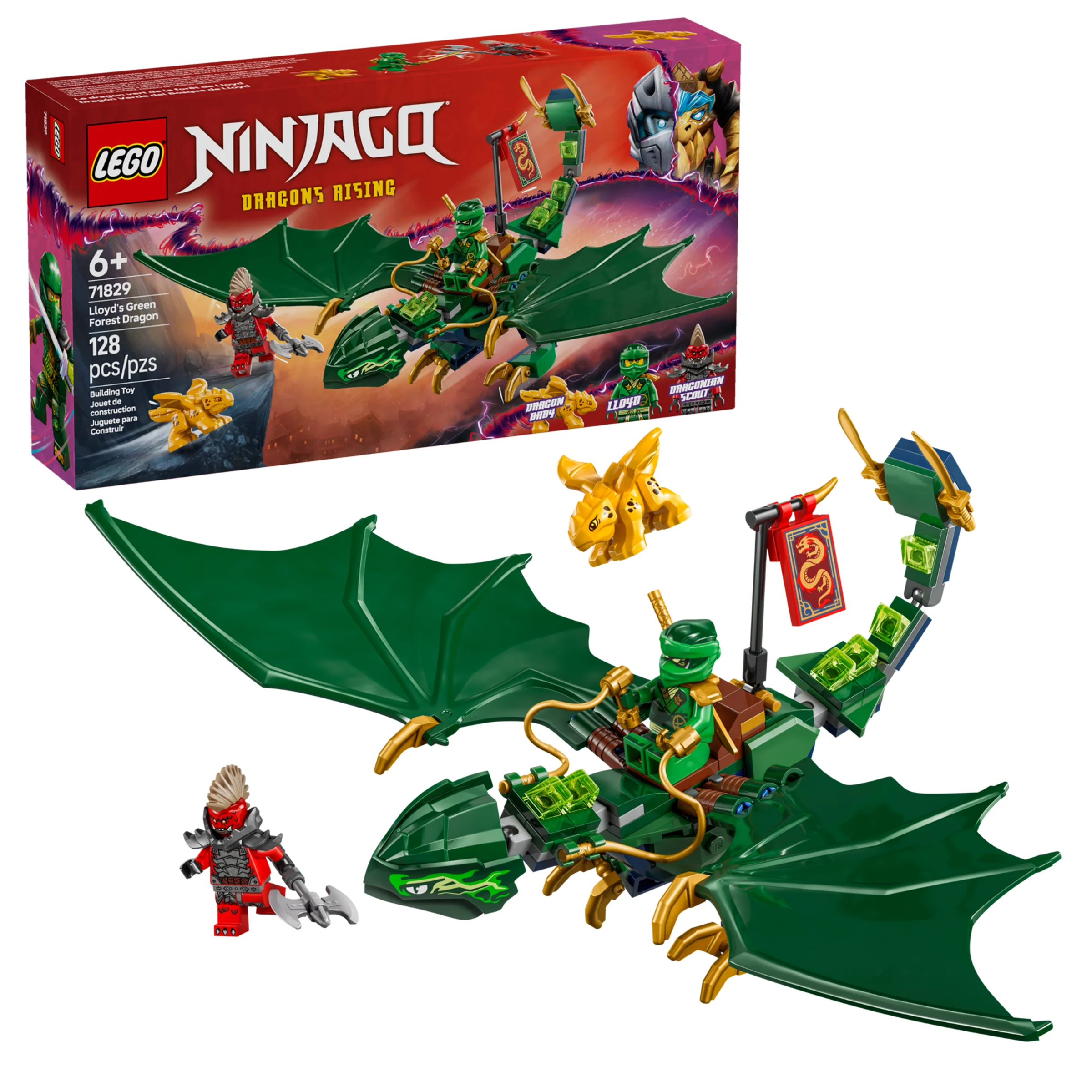 Imagine cu setul LEGO Ninjago 71829, cu dragonul verde al lui Lloyd și minifigurinele. Cutia e vizibilă.