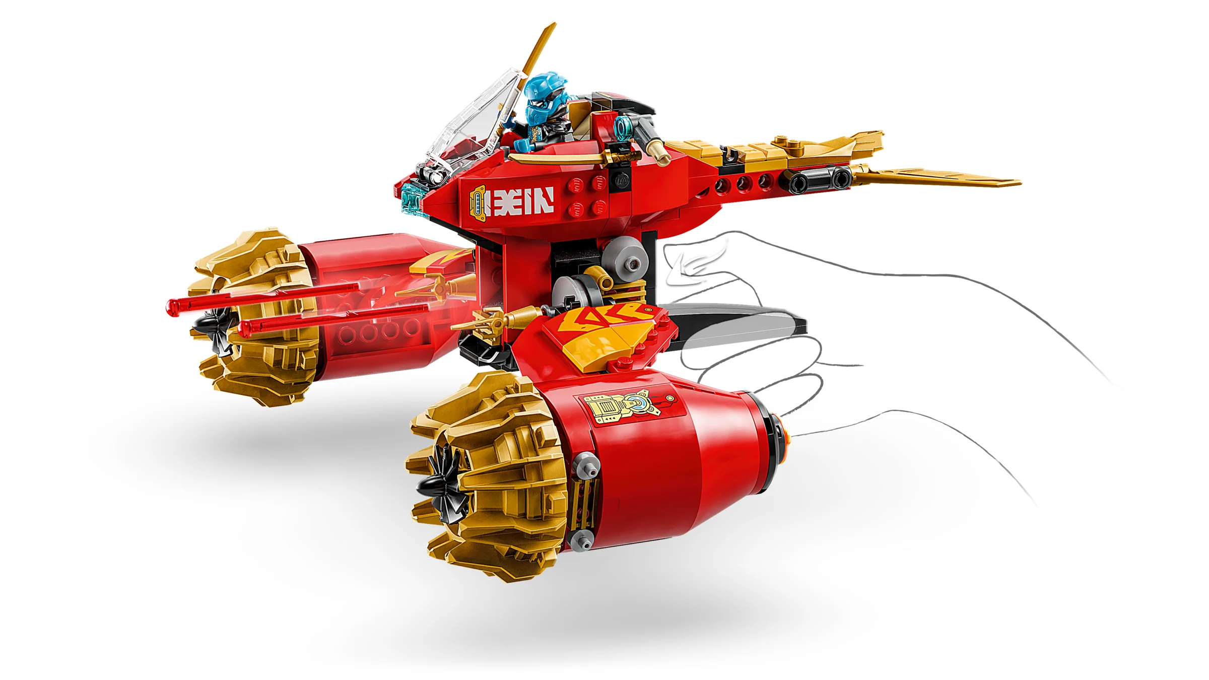 Kai pe Mech Storm Rider, un vehicul futurist roșu și auriu. Detaliu design.