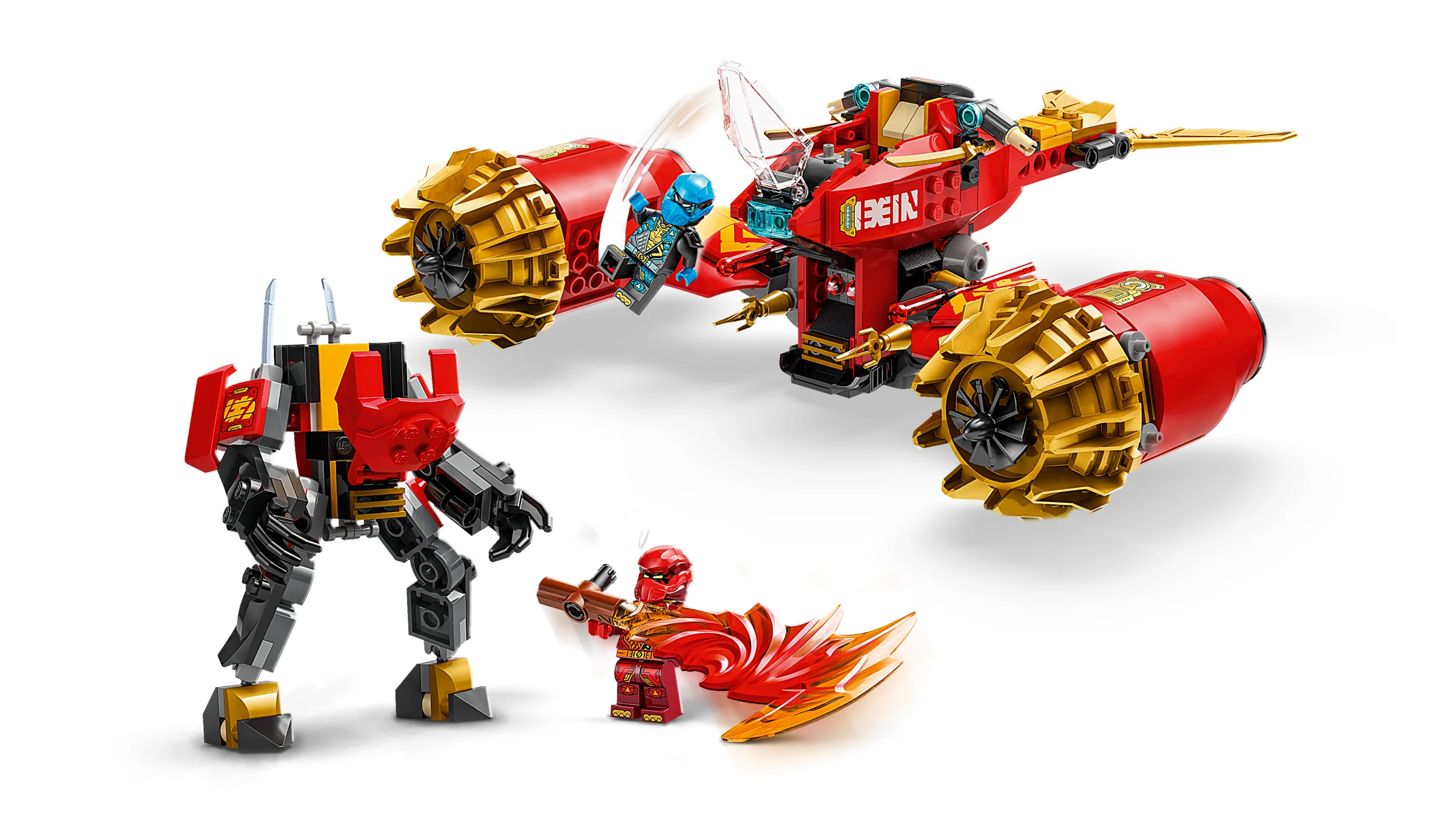 Imagine cu Kai's Mech Storm Rider, cu accente roșii și aurii. Include minifigurine și detalii ale vehiculului.