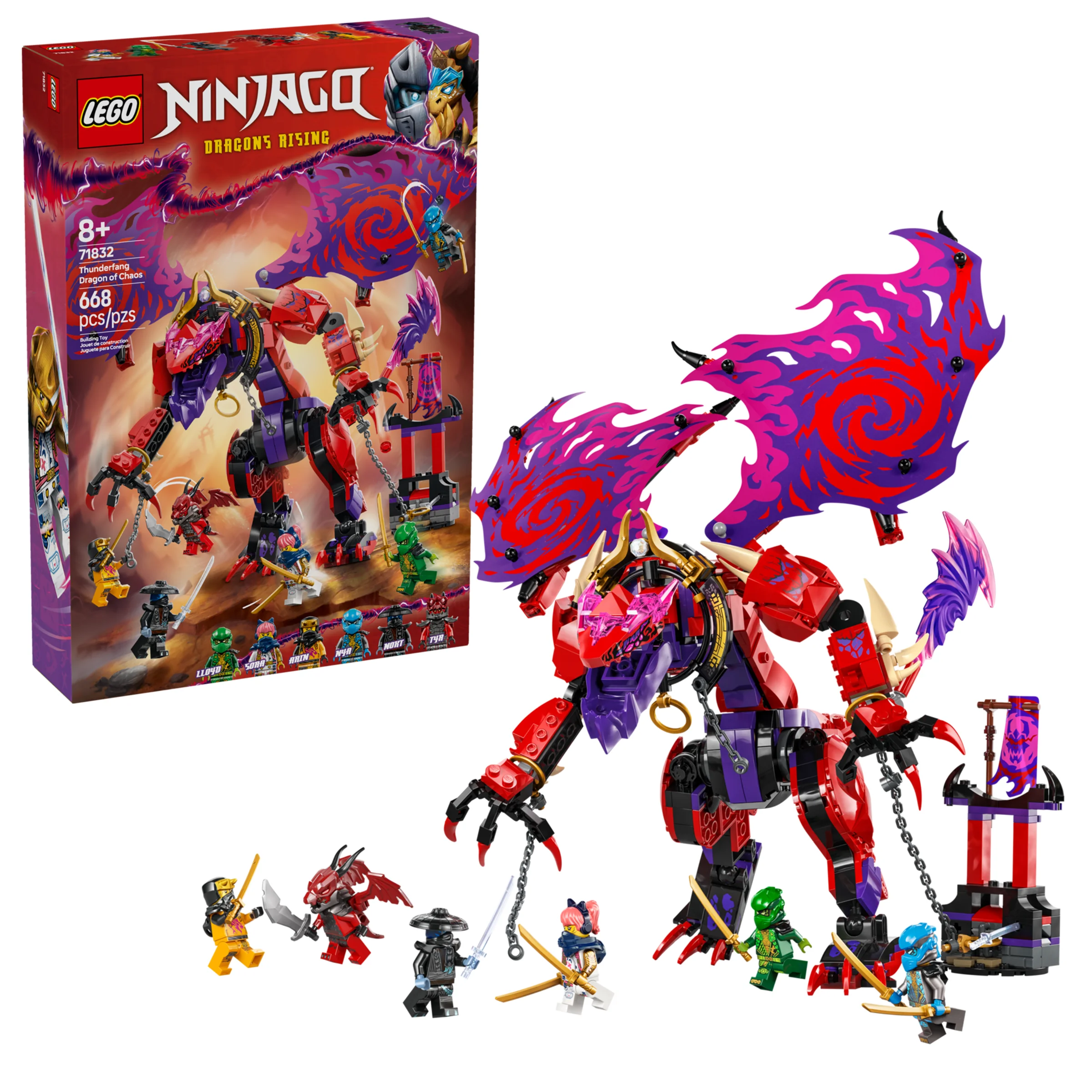 Imagine cu setul LEGO 71832, Dragonul Fălcii Fulgerătoare a Haosului, incluzând cutia și minifigurine.