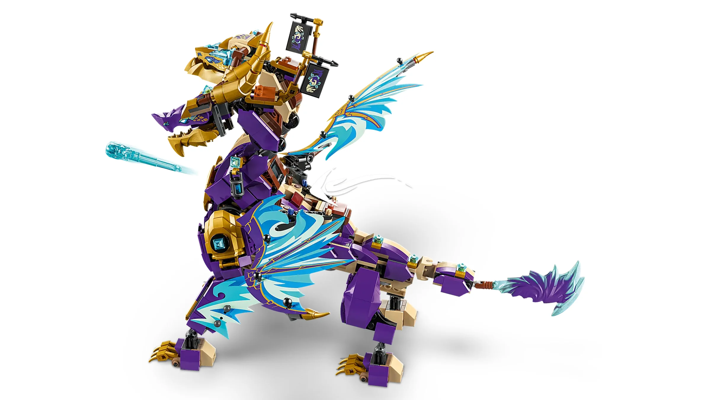 Dragonul Arc de Focus din LEGO Ninjago, model detaliat violet și auriu, cu aripi albastre.