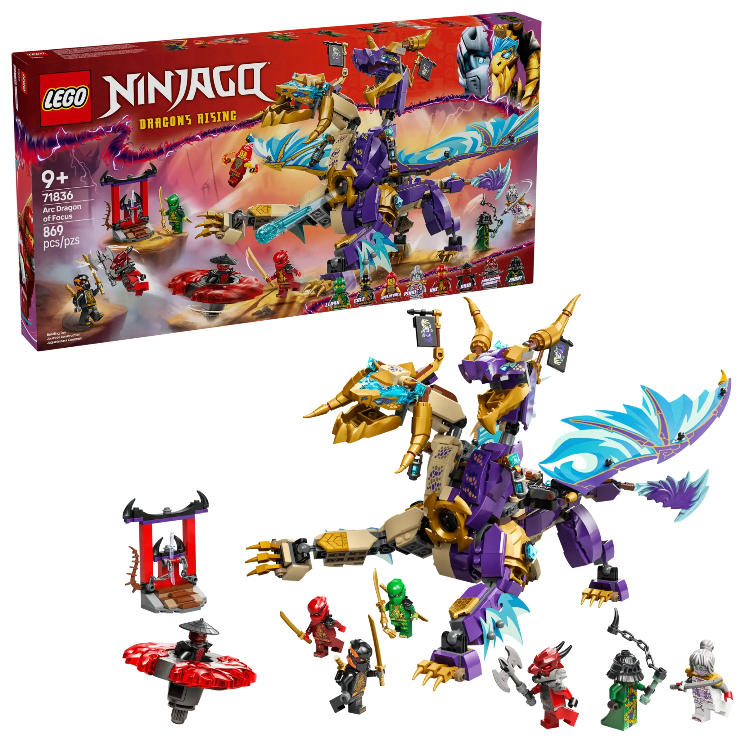 Imagine cu setul LEGO Ninjago 71836, Arc Dragon of Focus, prezentând cutia și modelul asamblat.