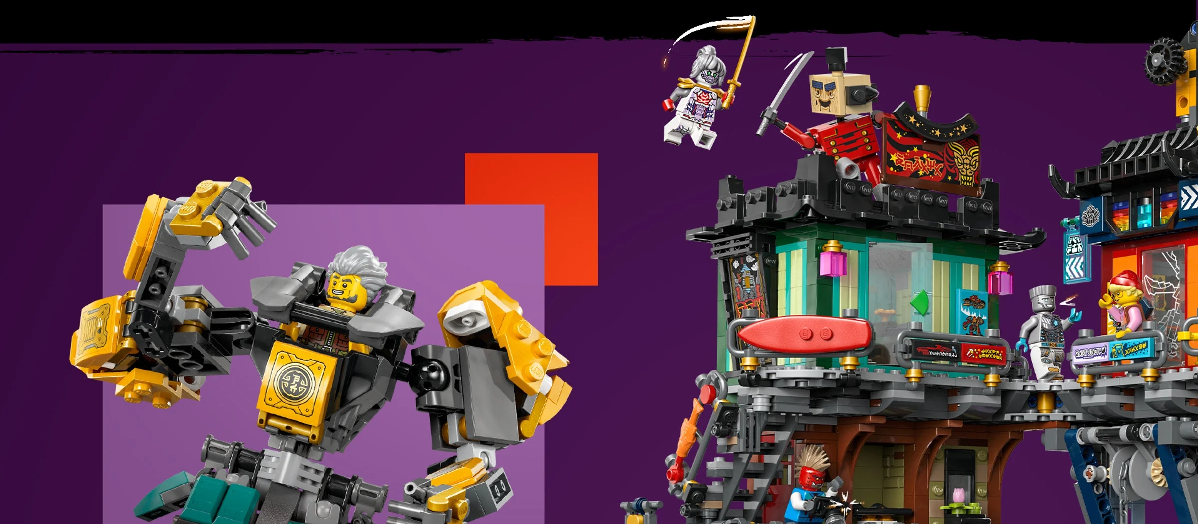 Imagine detaliată a setului LEGO Ninjago City Workshops, ce prezintă o luptă între minifigurine.