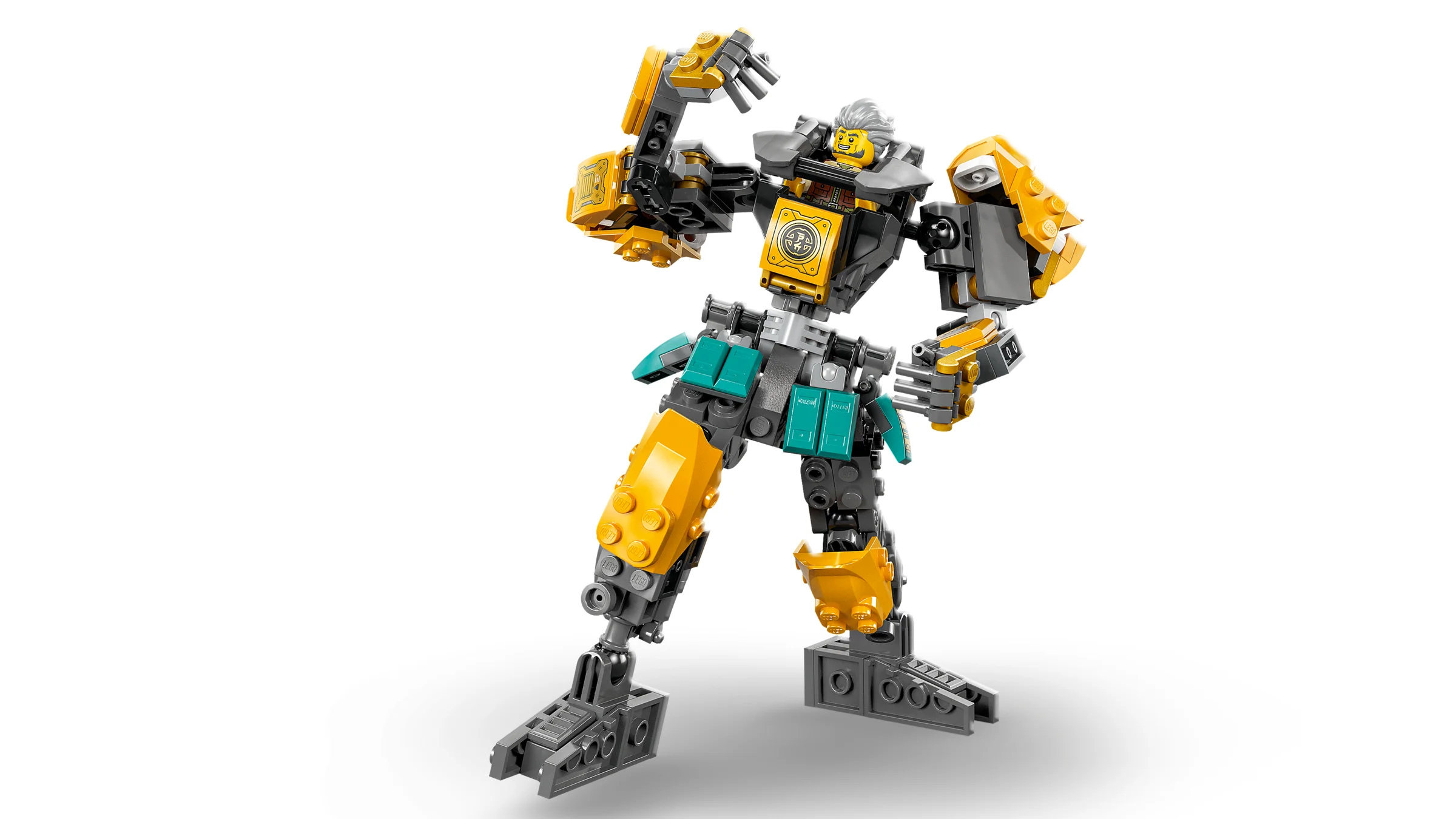 Imagine cu robotul LEGO din setul NINJAGO, în culori gri, auriu și turcoaz.