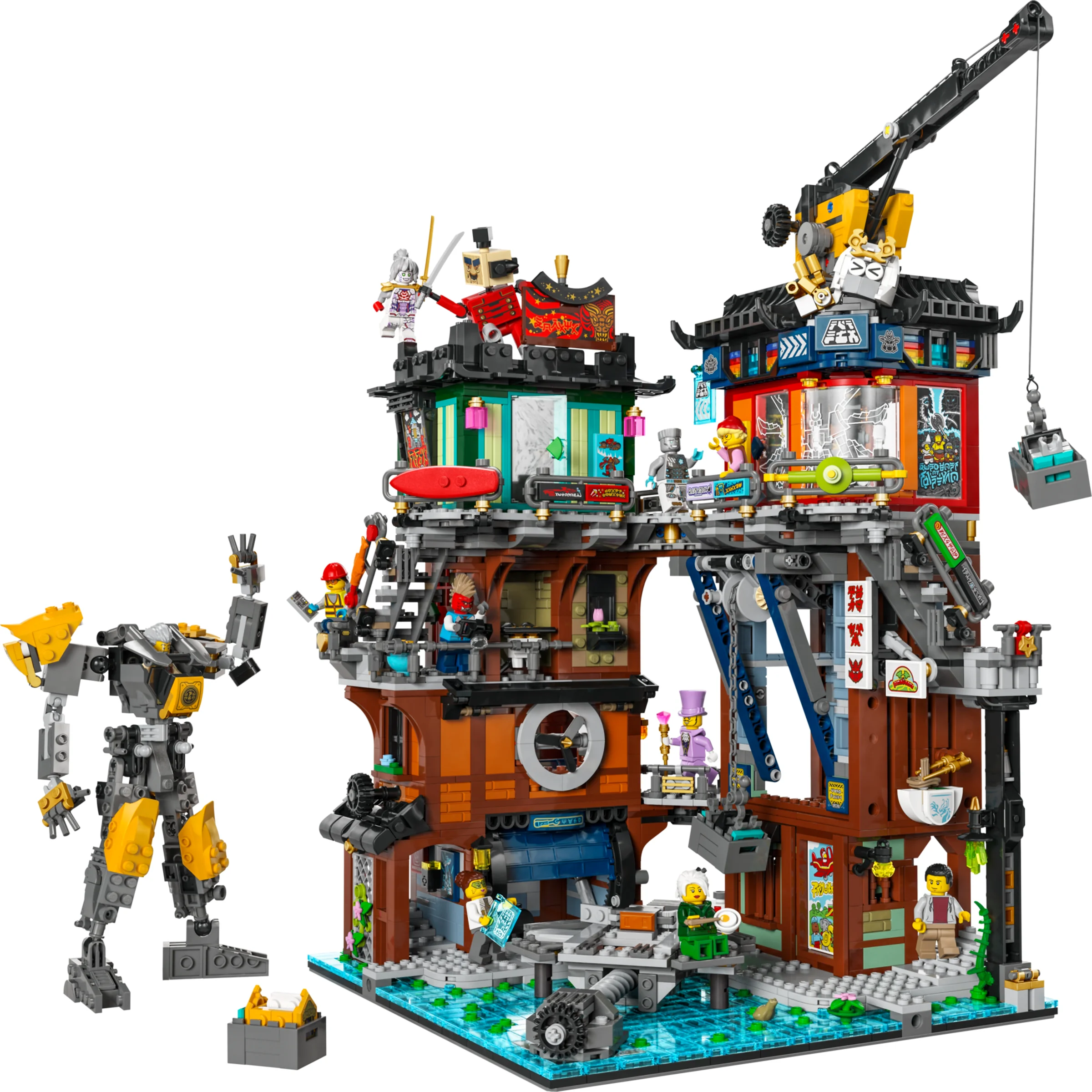 Imagine cu setul LEGO 71837, atelierele din NINJAGO City. Detaliu bogat, include clădiri și minifigurine.