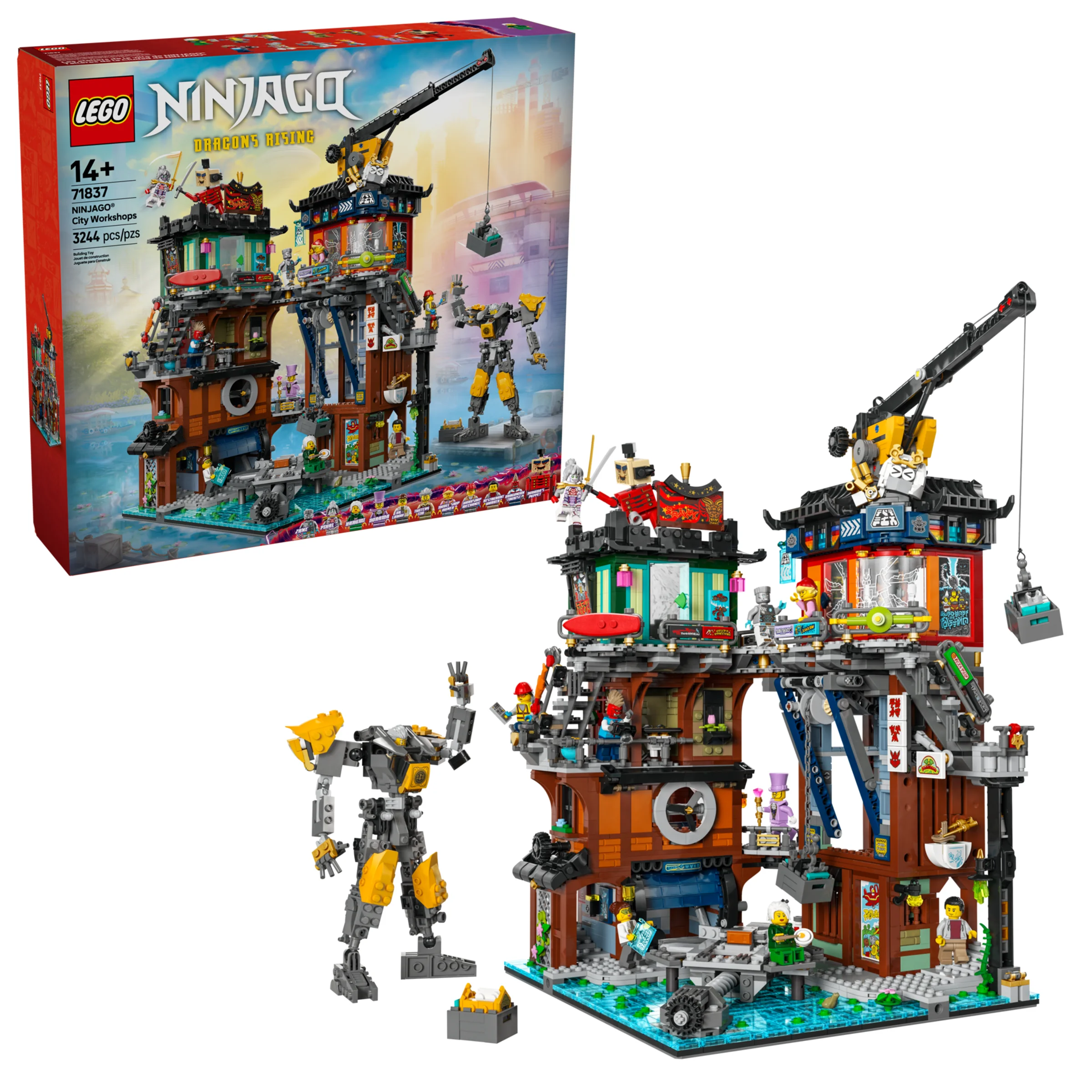 Imagine cu setul LEGO 71837, Atelierele Orașului NINJAGO, incluzând cutia și modelul construit.