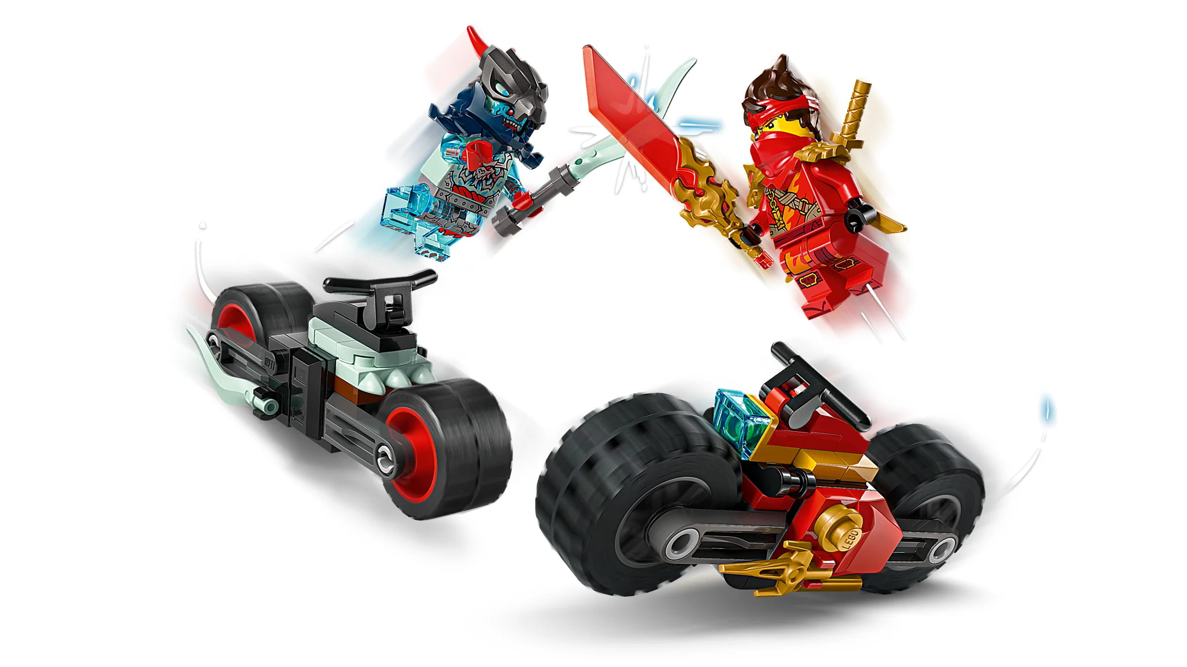 Imagine cu setul 71838: Kai și un inamic se întrec cu motocicletele lor LEGO.