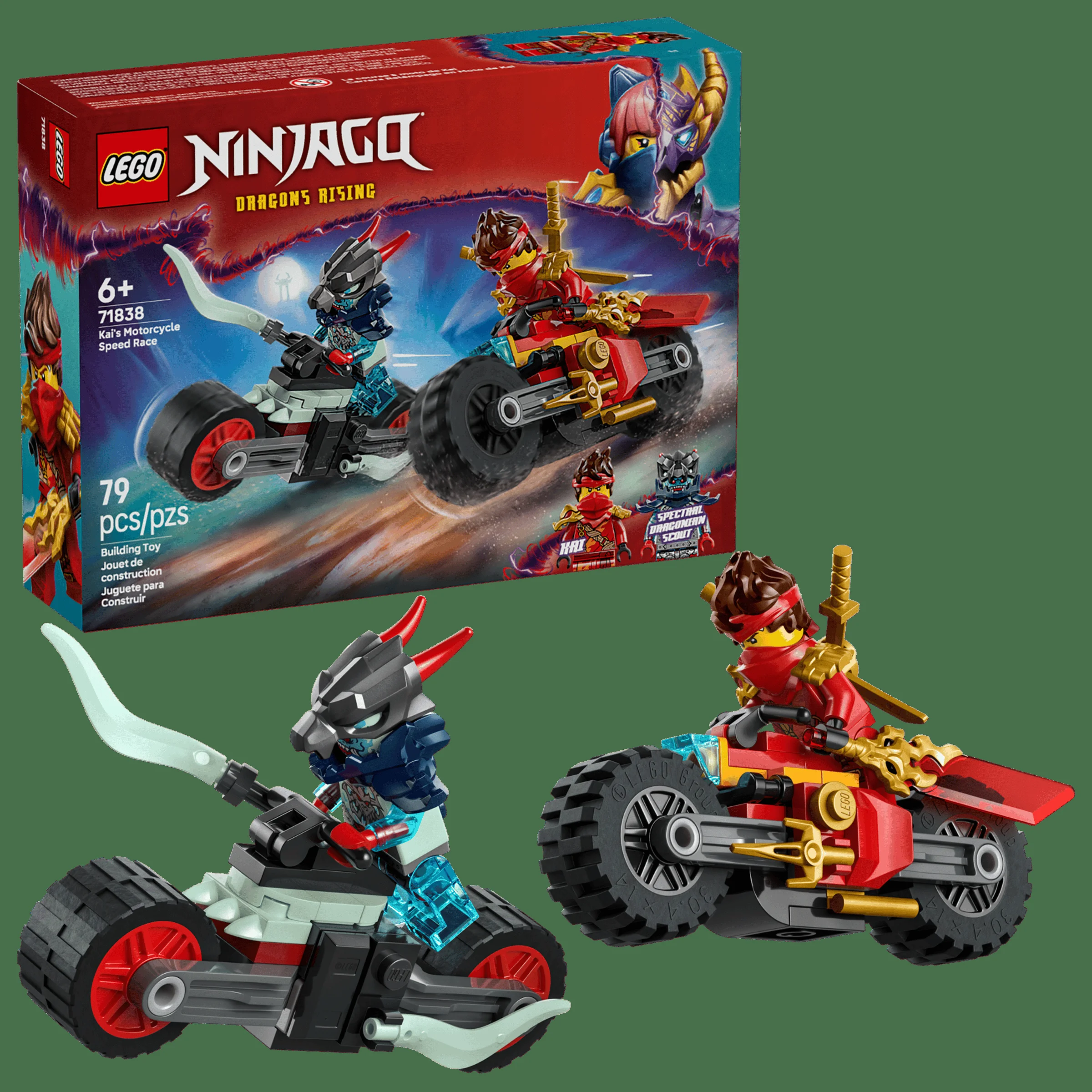 Imagine cu setul LEGO Ninjago 71838, cu motocicletele lui Kai și ale inamicului său. Cutie și modele detaliate.