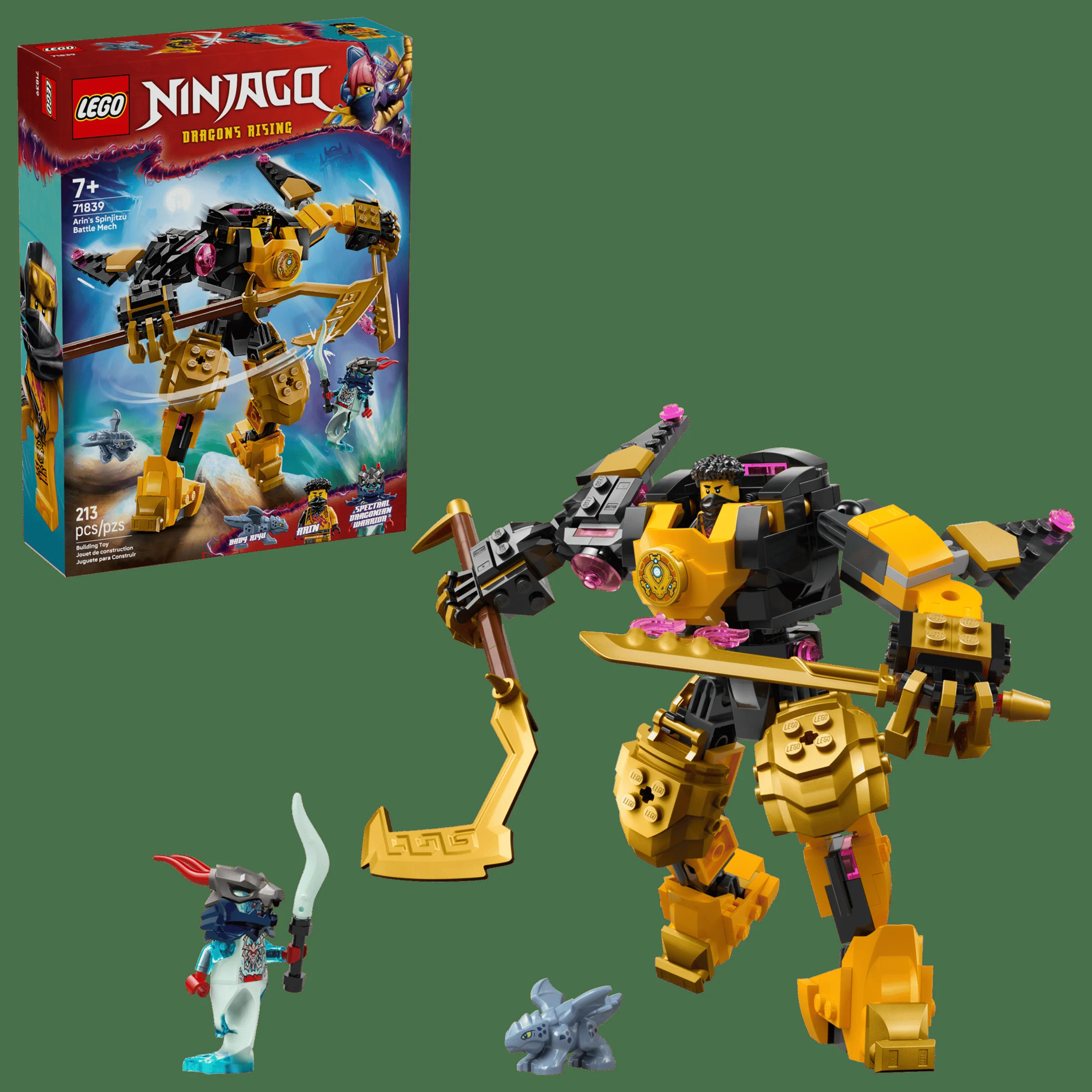 Imagine cu setul LEGO Ninjago 71839, Mech-ul de luptă Spinjitzu al lui Arin, cutie și minifigurine.