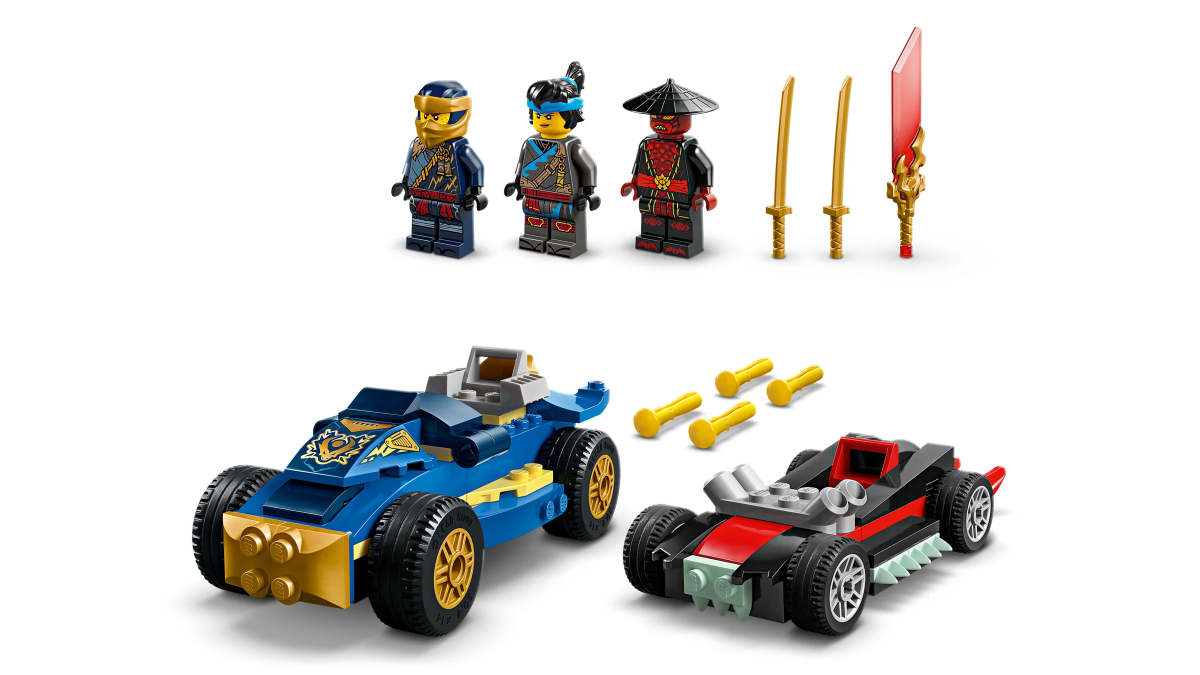 Imagine cu mașinile și figurinele din setul LEGO Ninjago 71840.