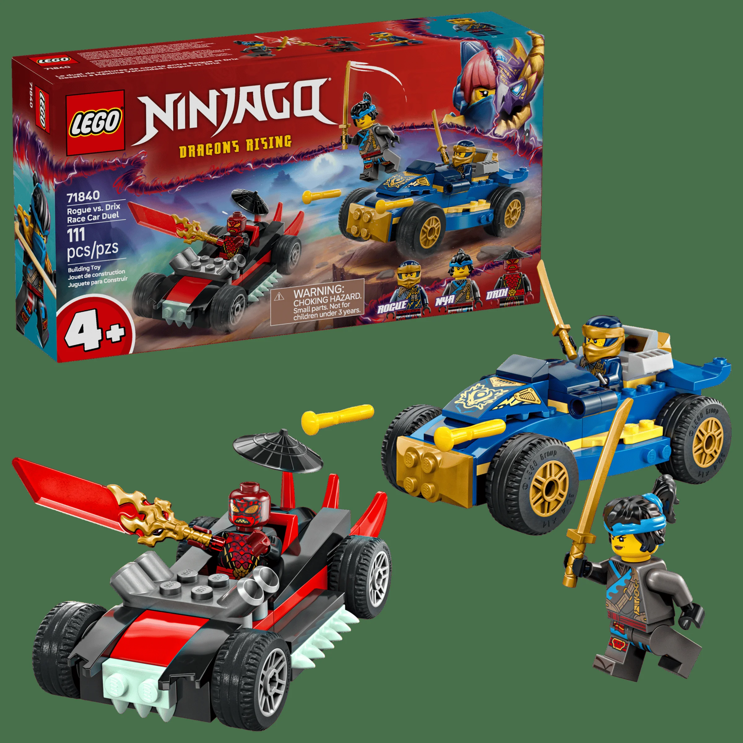 Imagine cu setul LEGO Ninjago 71840: Duelul mașinilor de curse Rogue vs. Drix. Conține cutia și modelele construite.