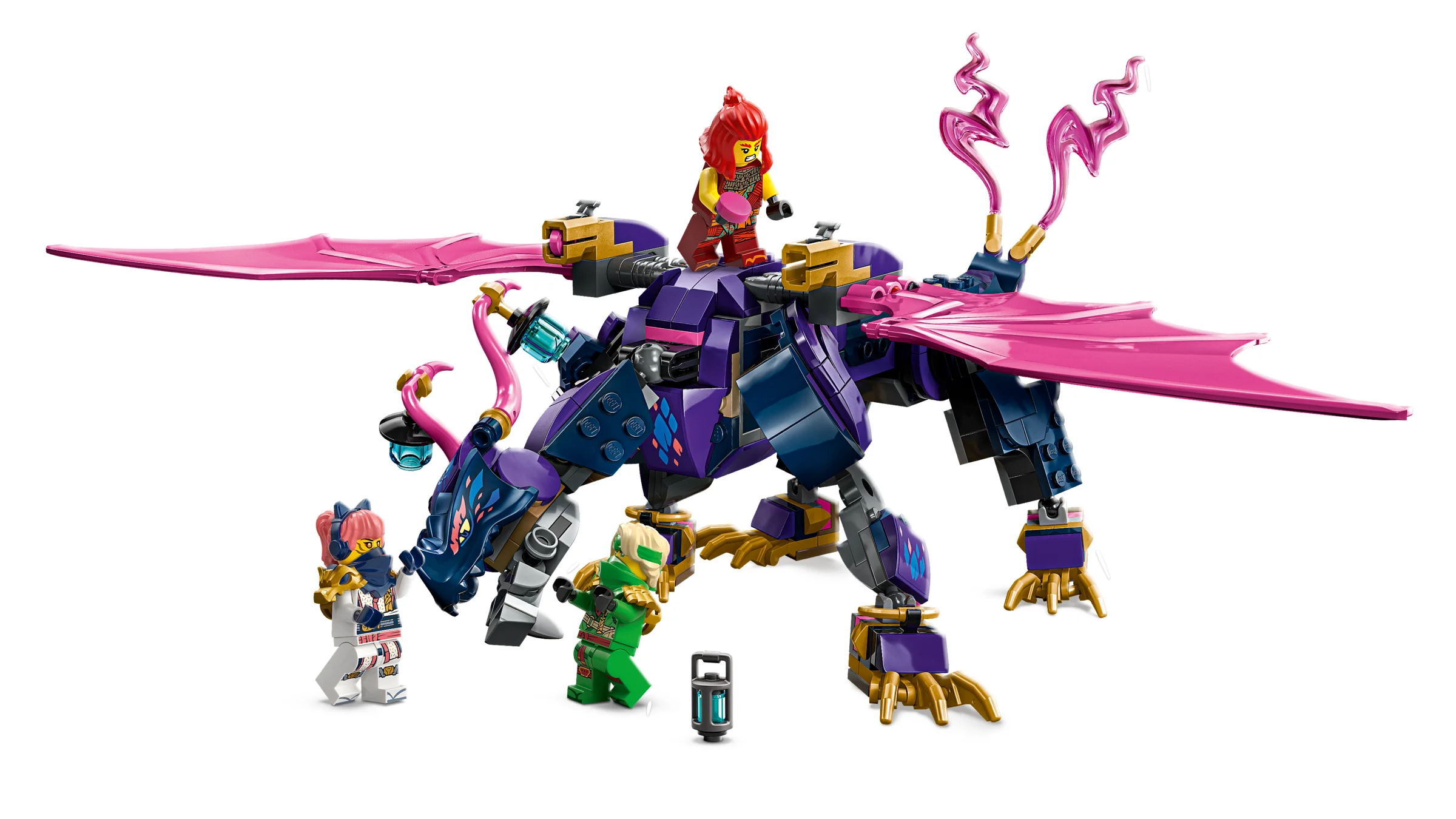 Dragonul Rontu și minifigurinele Arin, Sora și Ras, model LEGO Ninjago detaliat.