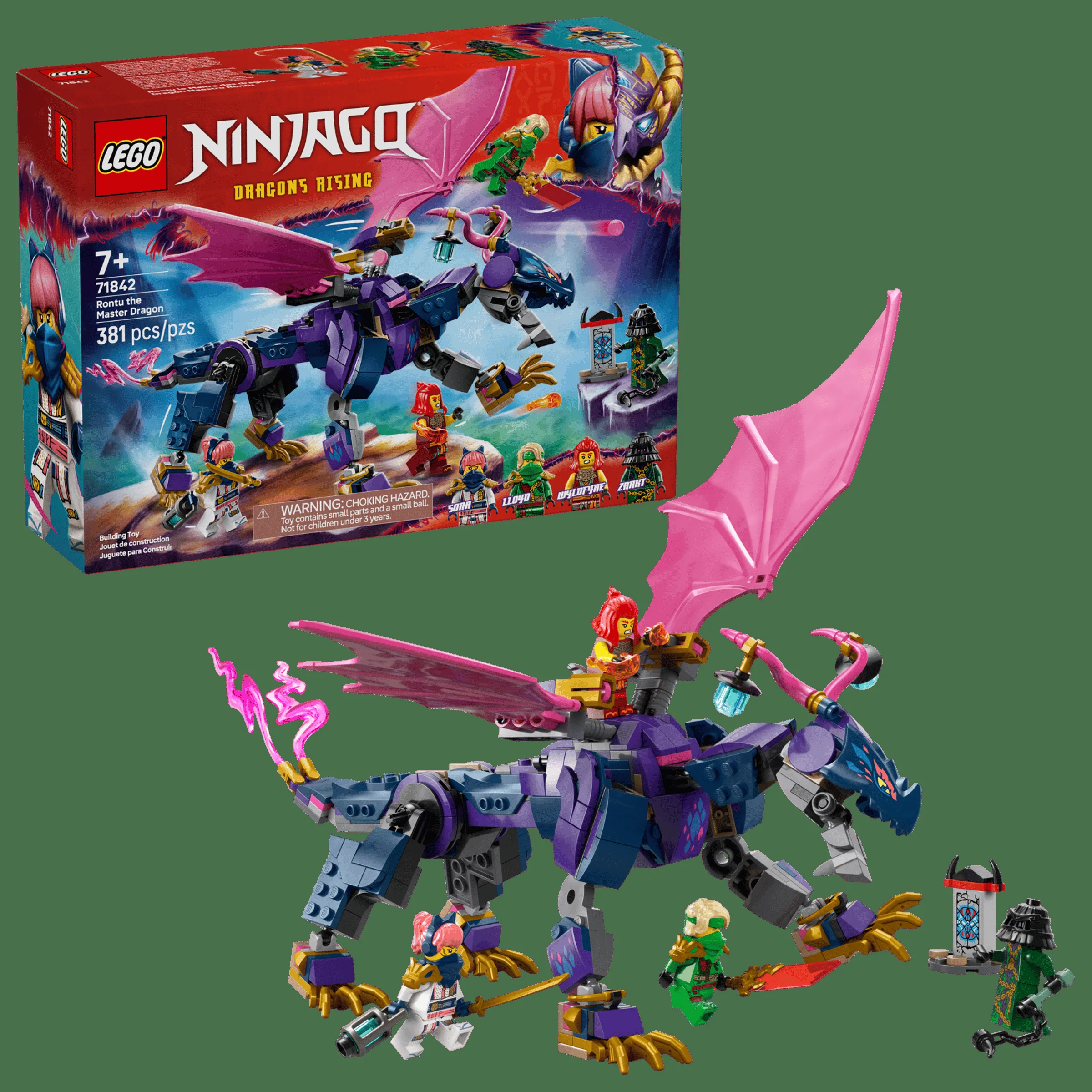 Imagine cu setul LEGO 71842 „Rontu the Master Dragon” și cutia. Dragonul și minifigurinele sunt vizibile.