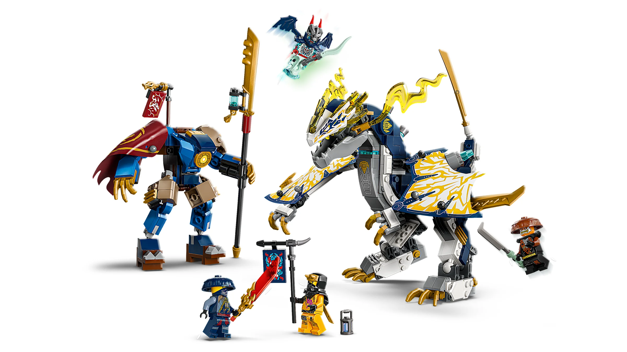 Setul include un dragon mecanic și un costum mecanic, plus minifigurine Ninjago.