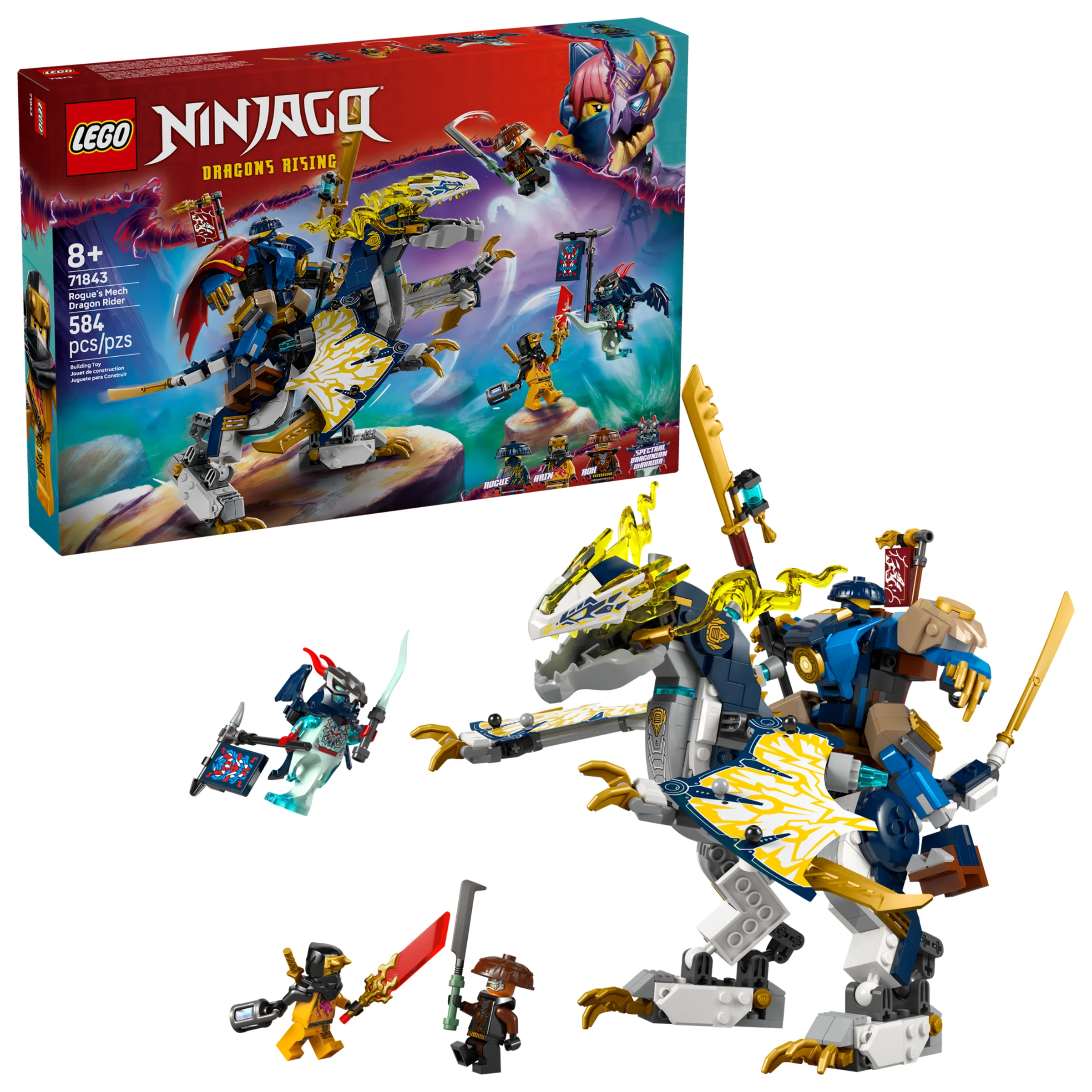 Imagine cu setul LEGO Ninjago 71843, Rider Dragon Mech al lui Rogue, inclusiv cutia și minifigurinele.