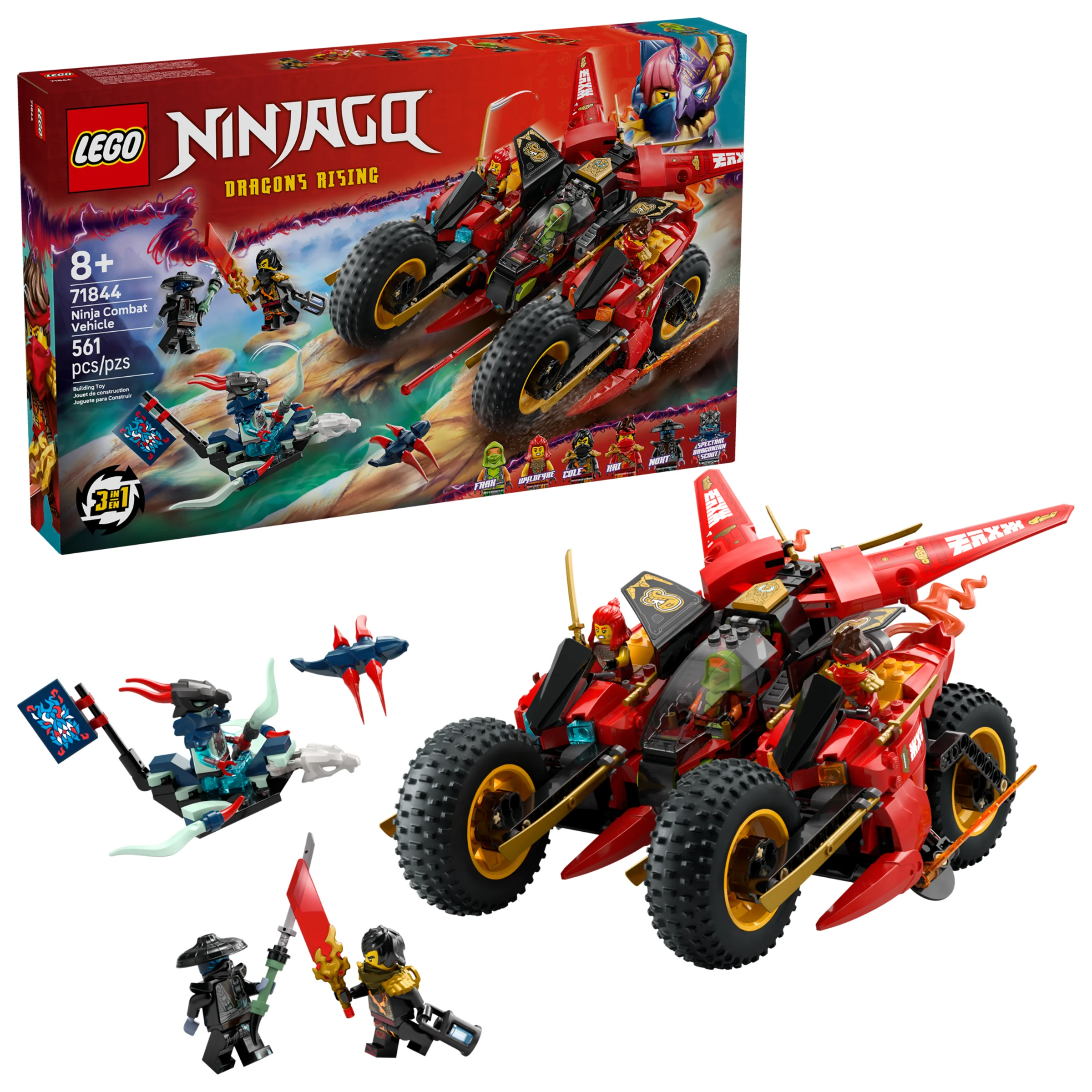 Imagine cu setul LEGO 71844 „Vehicul de Luptă Ninja” și minifigurinele incluse.
