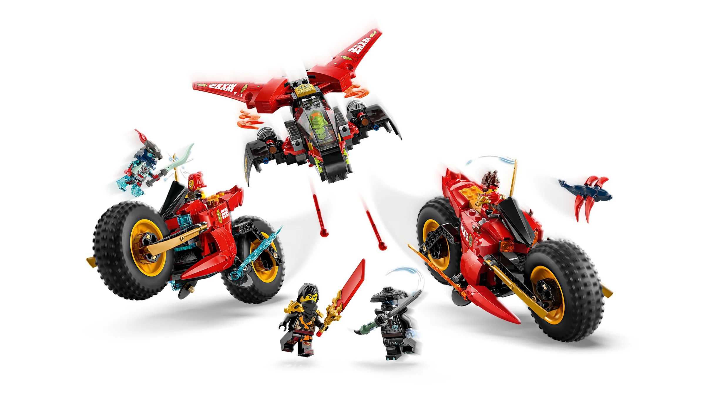 Imagine cu setul LEGO 71844, Vehicul de Luptă Ninja, cu motociclete și avion roșii.
