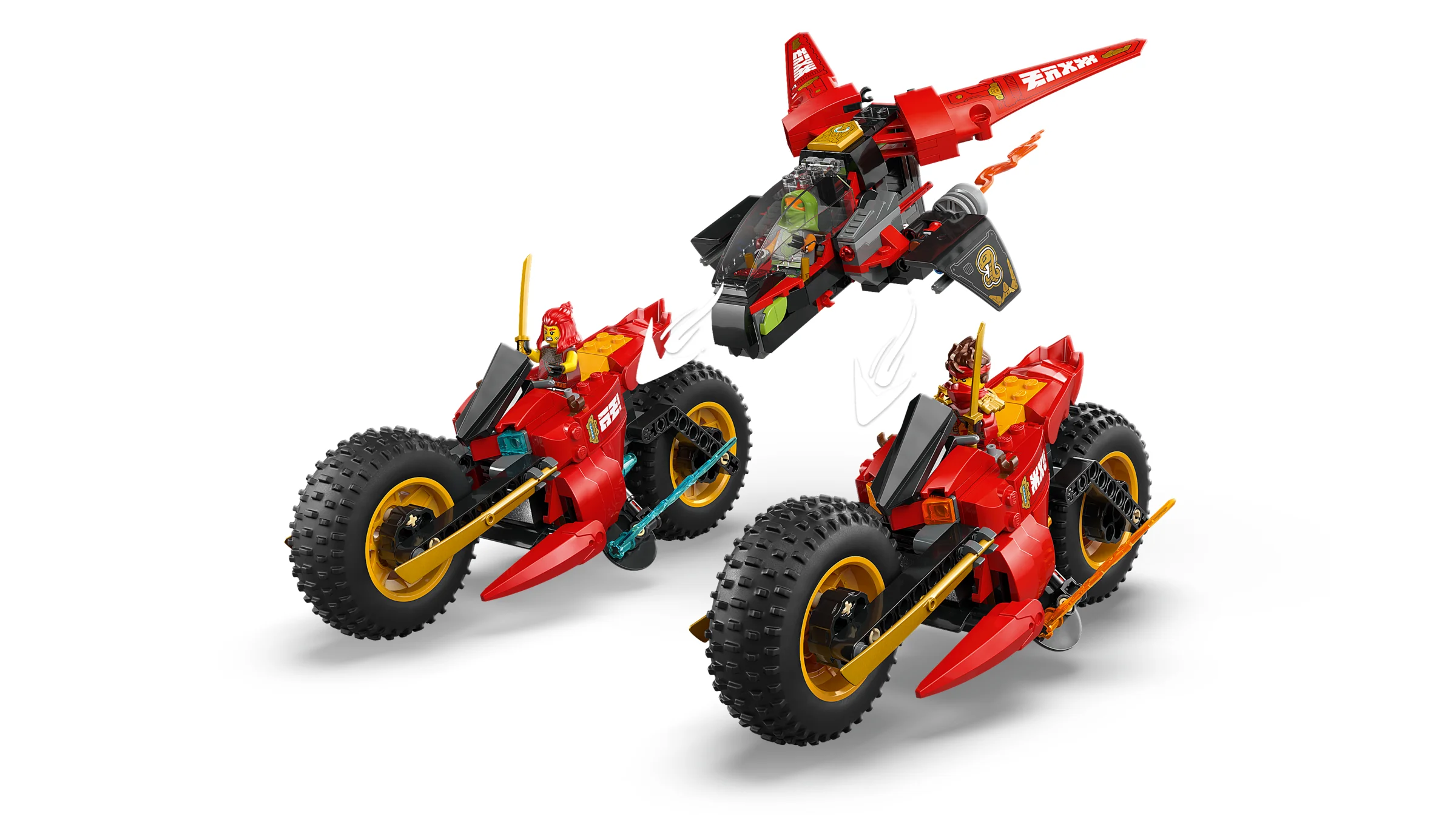 Imagine cu vehiculul Ninja 71844 și două motociclete, toate roșii și negre. E o jucărie Ninjago.