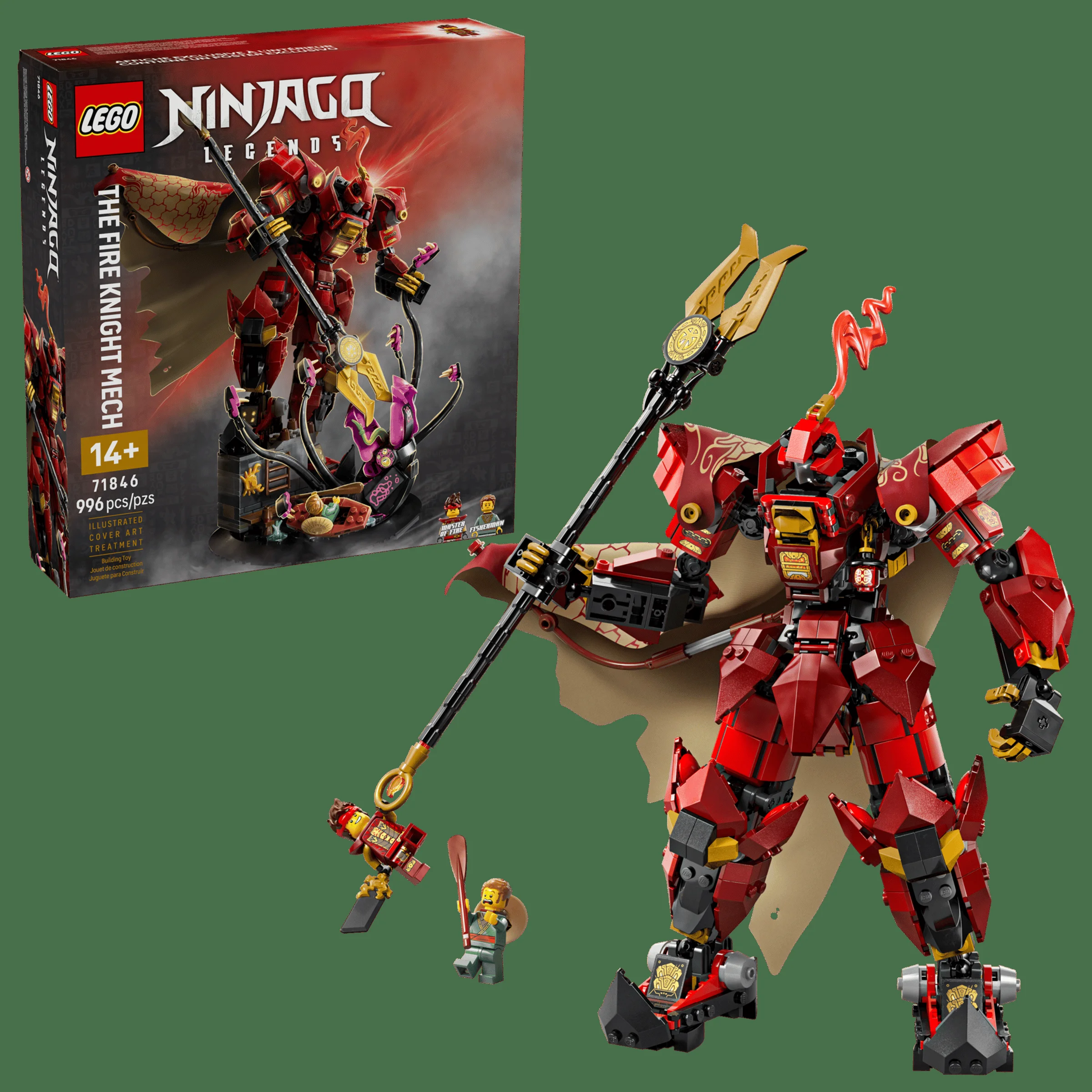 Imagine cu setul LEGO Ninjago 71846, Cavalerul de Foc Mech, cu cutia și minifigurinele incluse.