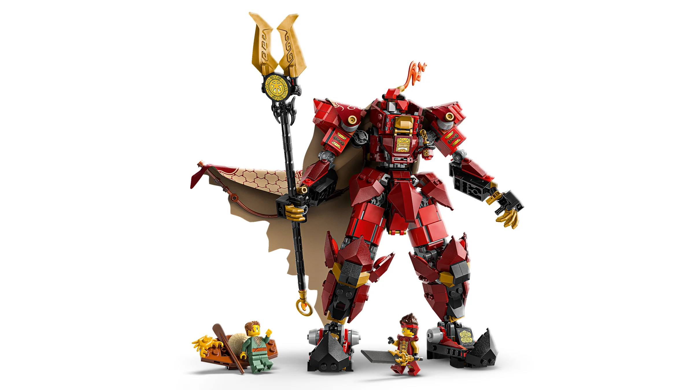 Imagine cu setul LEGO Ninjago 71846, robotul Cavalerul Focului și minifigurinele incluse.