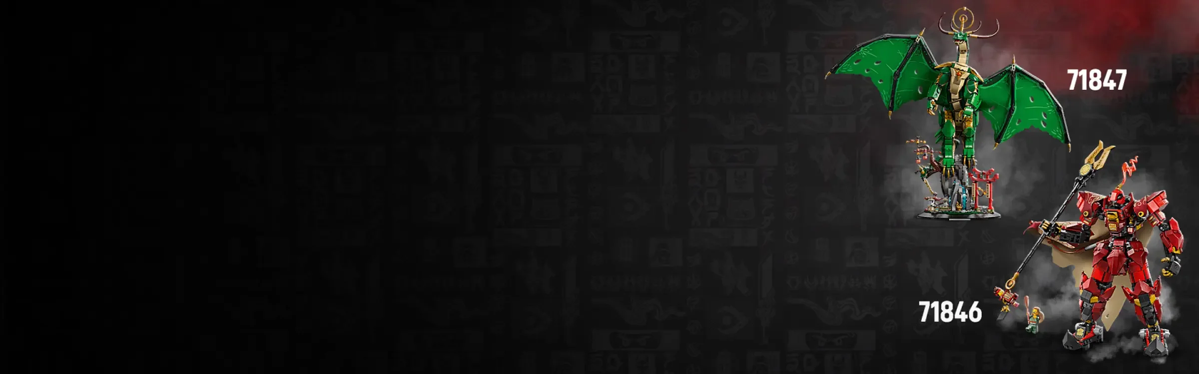 Imagine cu seturile LEGO Ninjago 71846 și 71847, mech-ul roșu și dragonul verde, pe fundal gri.