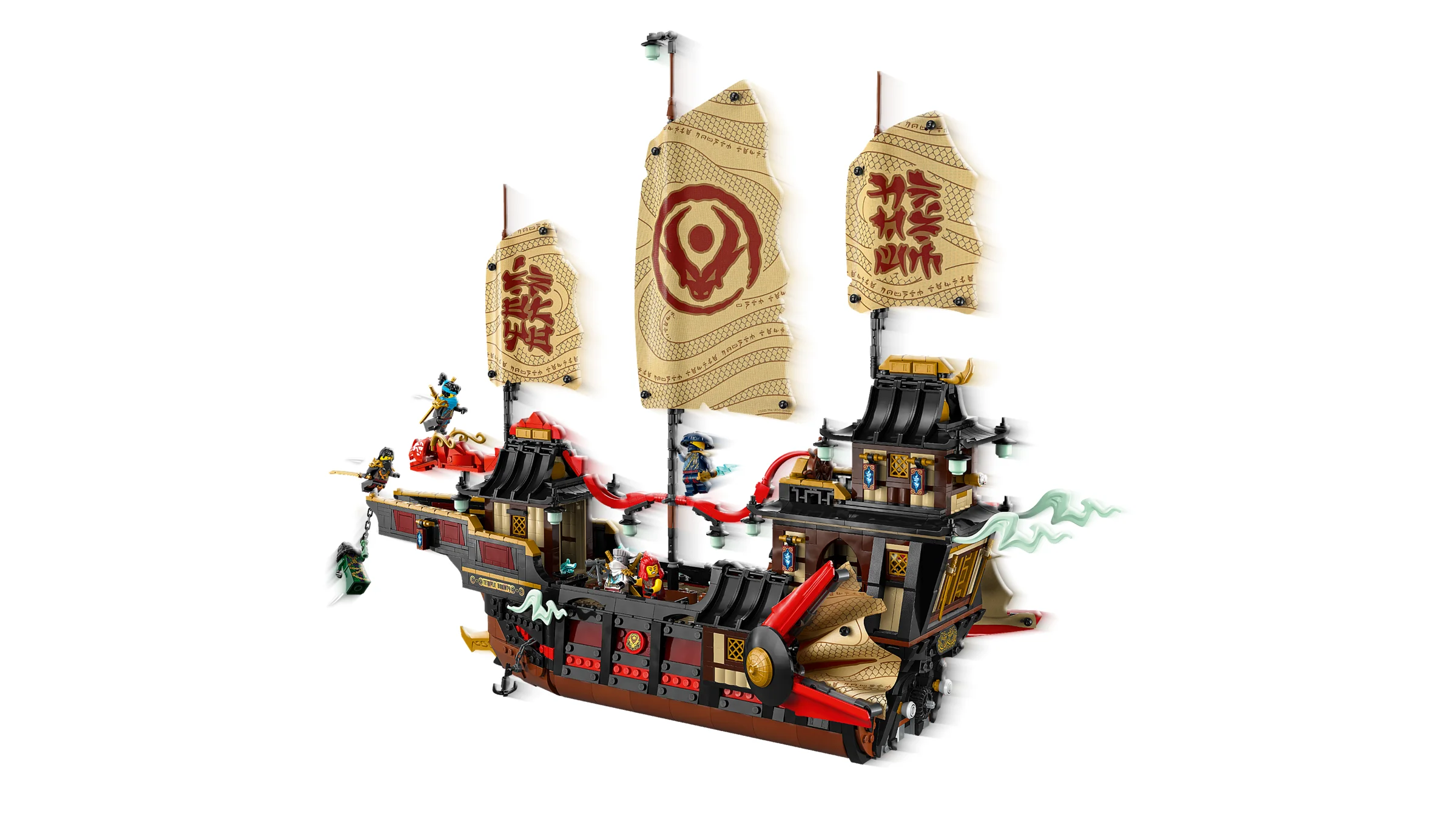 Navă templu Ninjago, detaliată, cu pânze imprimate și minifigurine ninja.