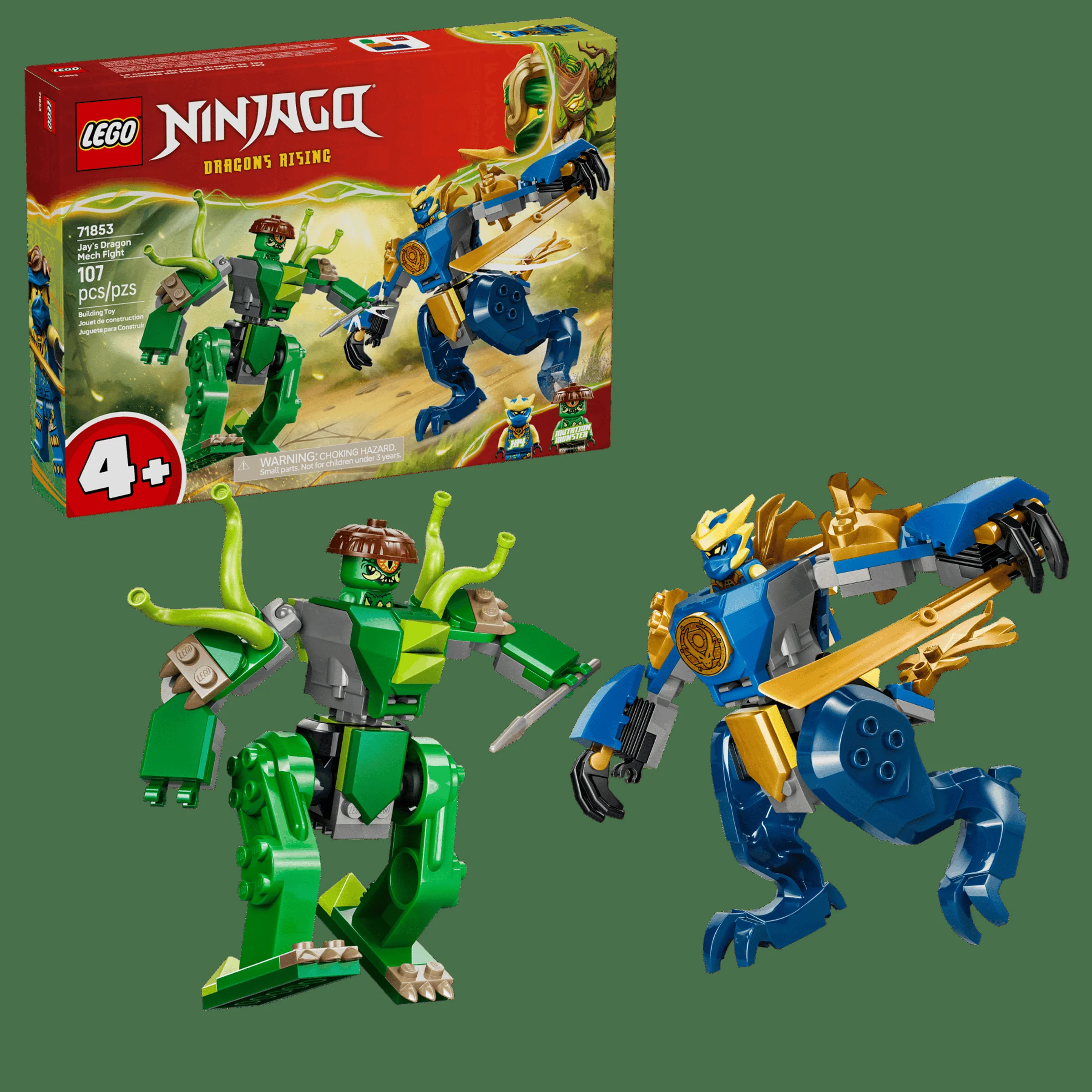 Imagine cu setul LEGO 71853, bătălia roboților dragon: robotul lui Jay și robotul verde al monstrului.