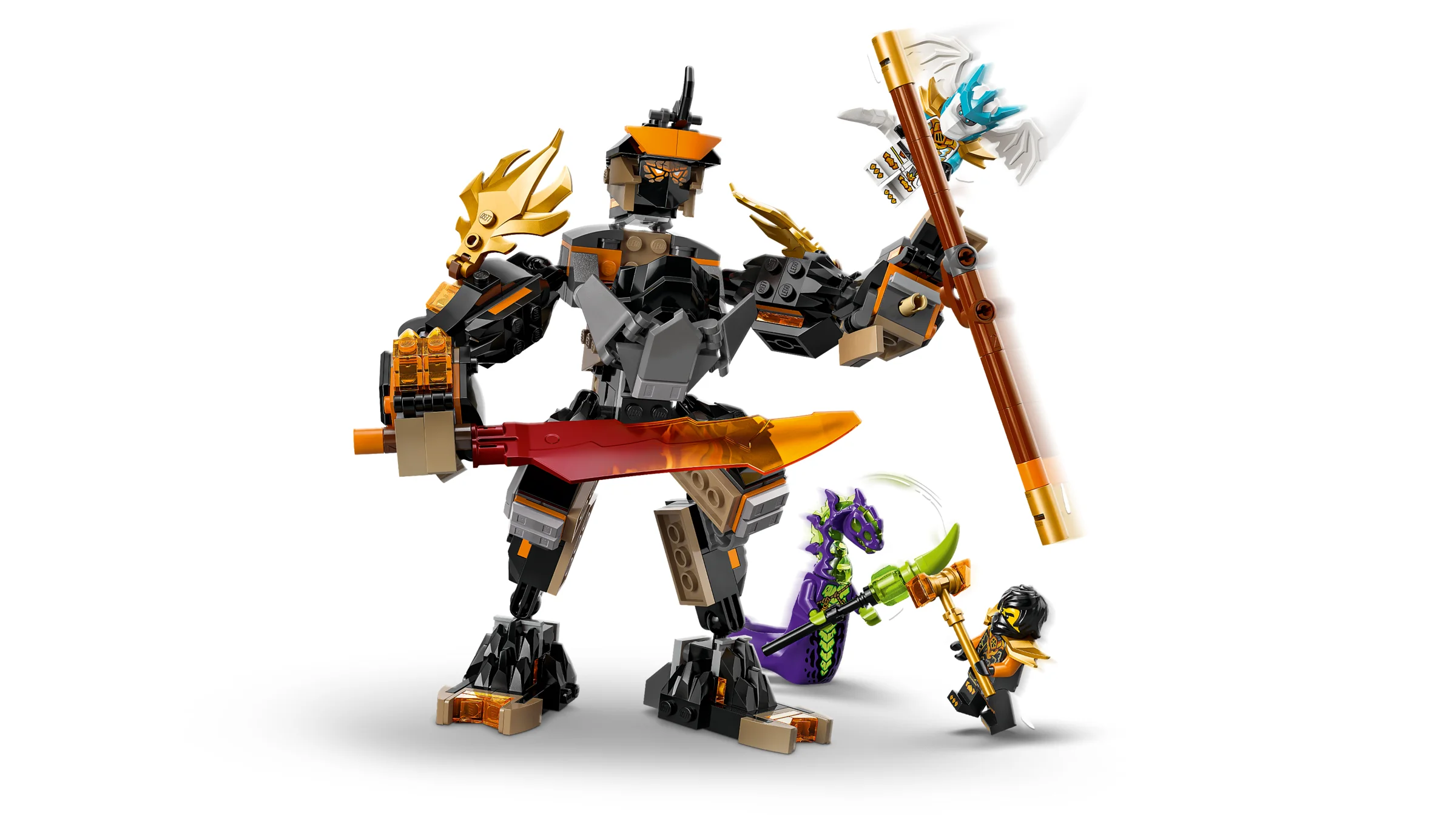 Cole în misiune cu robotul său, în luptă cu un dragon. Acțiune Ninjago!