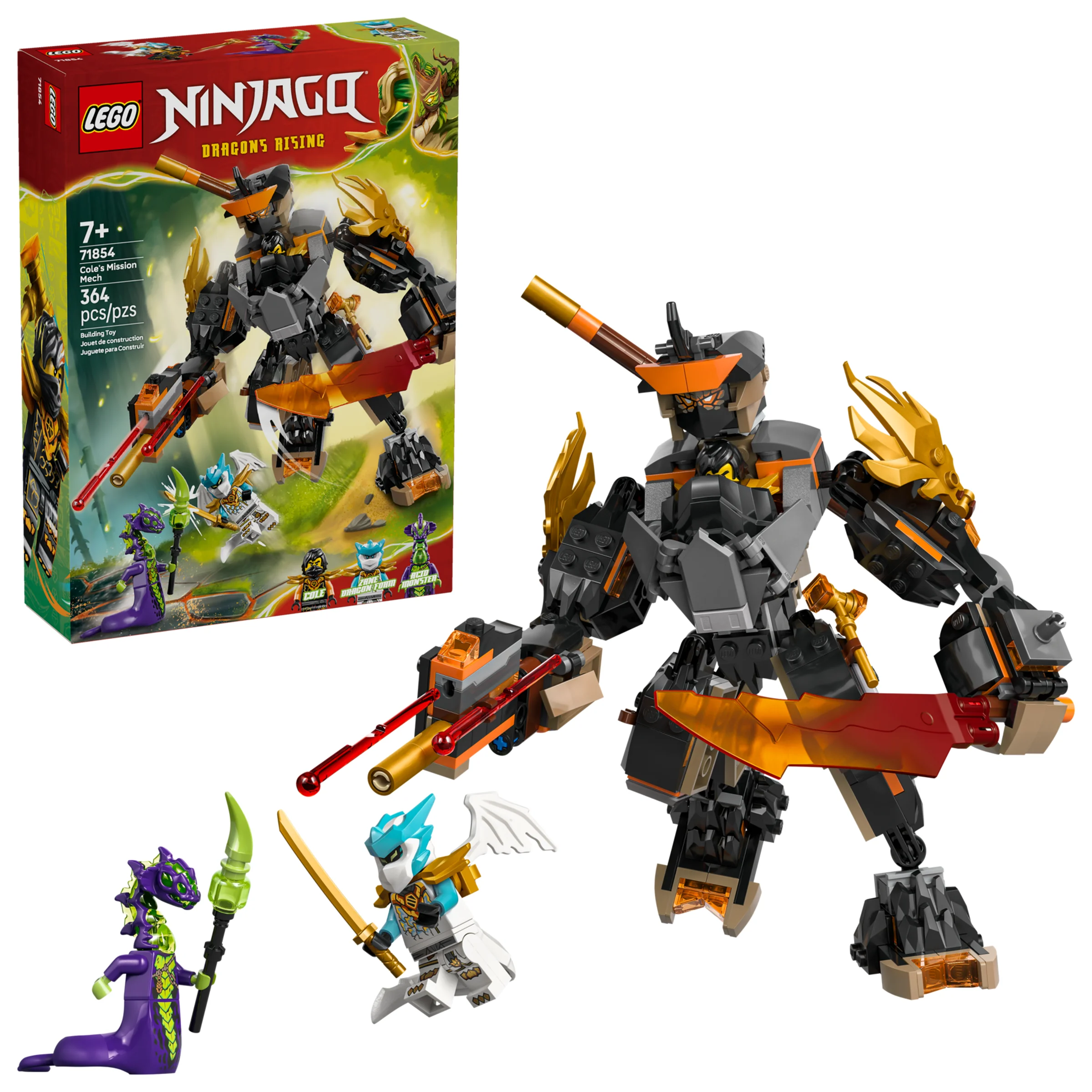 Imagine cu setul LEGO Ninjago 71854, Mech-ul lui Cole, cu cutia și minifigurinele incluse.