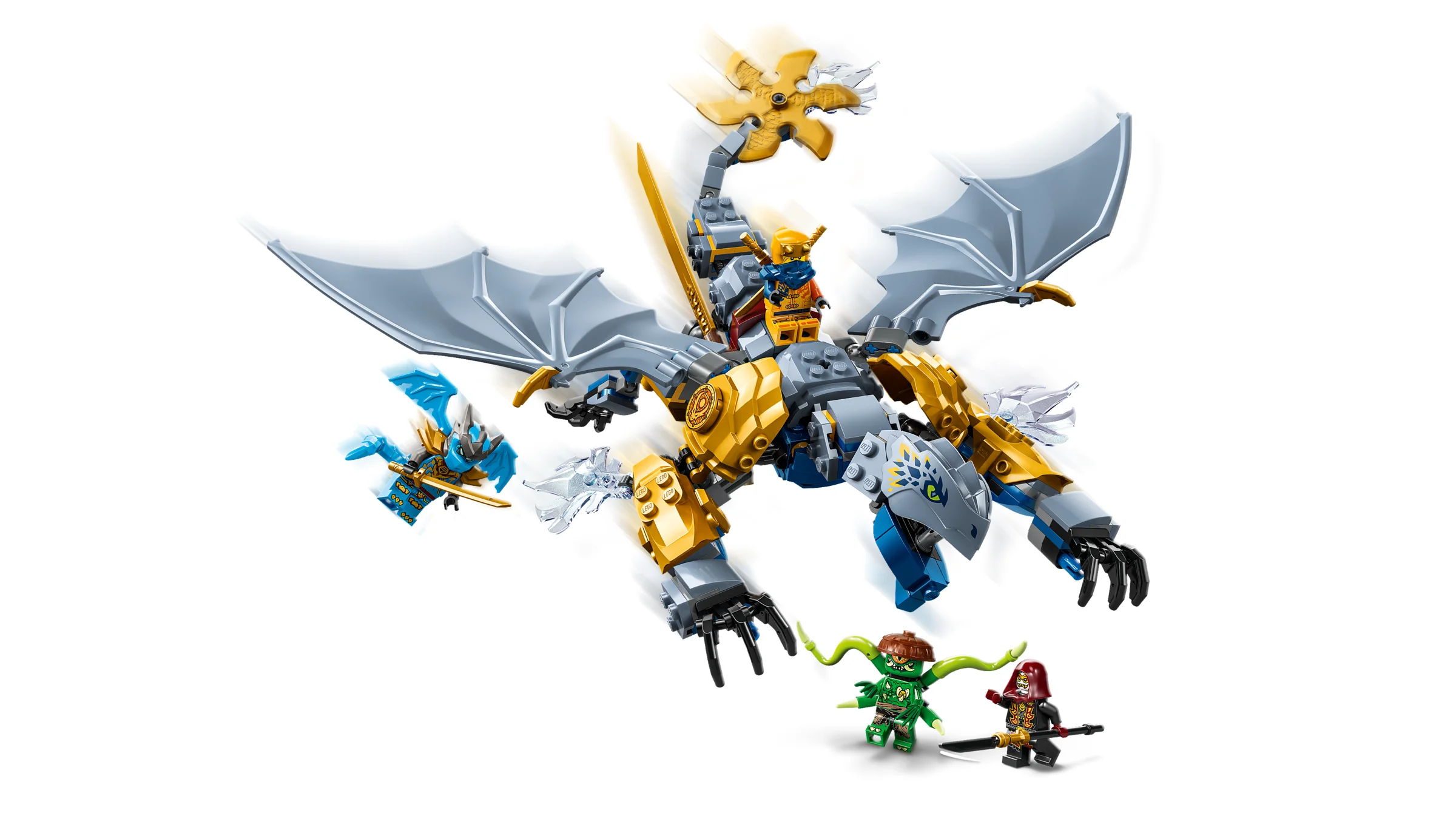 Imagine cu dragonul Riyu în luptă, din setul LEGO Ninjago 71855. Detalii despre dragon și minifigurine.