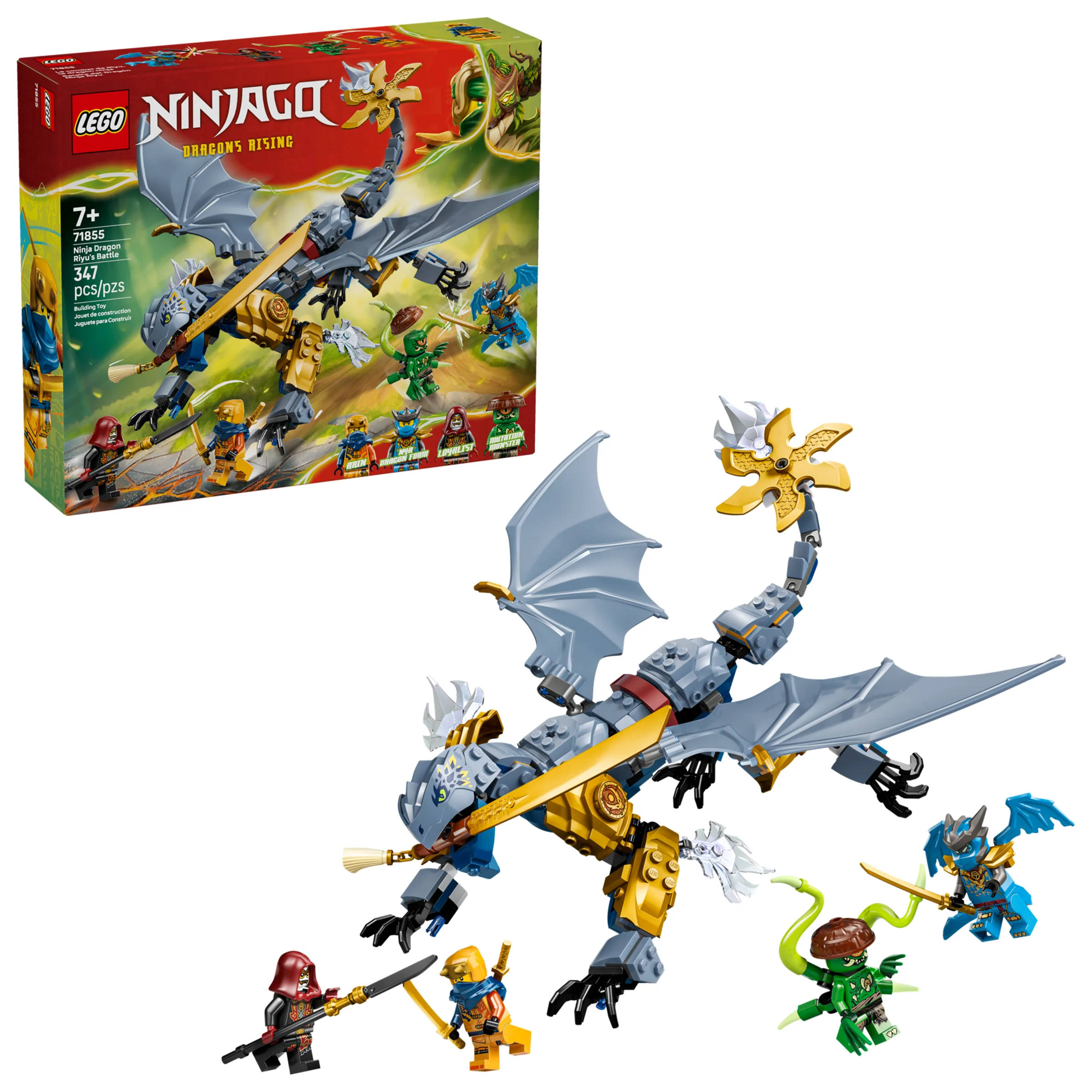 Imagine cu setul LEGO Ninjago 71855, Bătălia Dragonului Ninja Riyu. Include dragonul și minifigurine.
