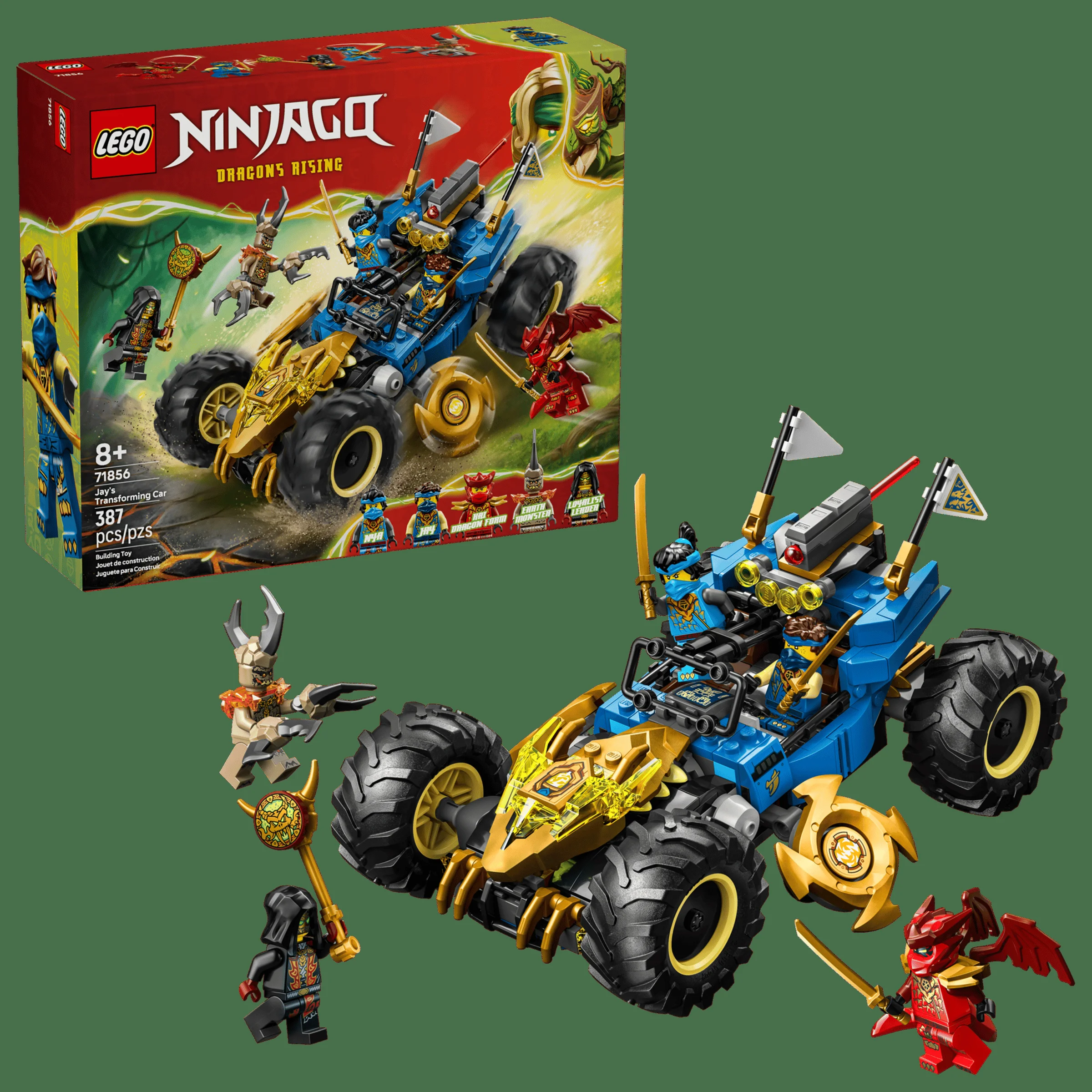 Imagine cu mașina lui Jay transformabilă (71856) și minifigurinele incluse. O prezentare completă a produsului.