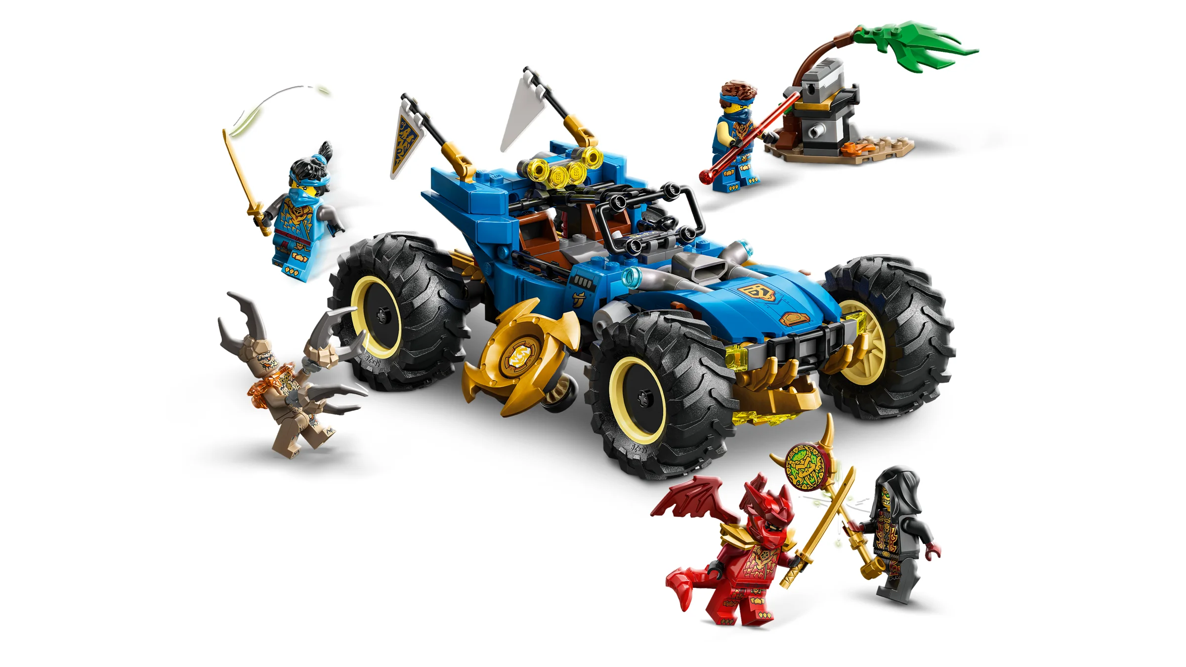 Imagine cu mașina transformabilă a lui Jay și minifigurinele Ninjago. Acțiune și aventură garantate!