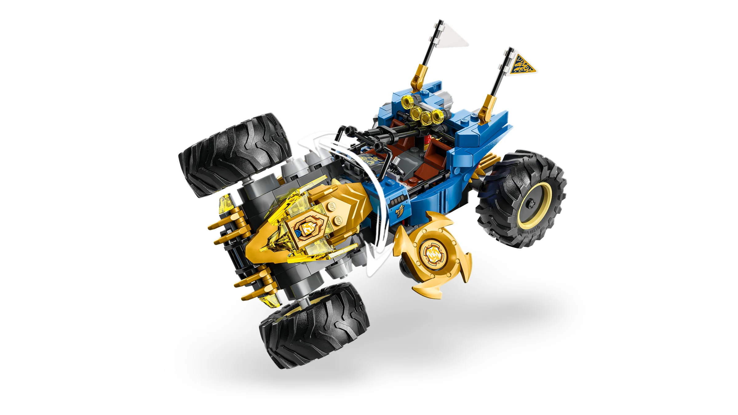 Mașina transformatoare a lui Jay, setul LEGO Ninjago 71856. Model albastru și auriu, cu roți mari.