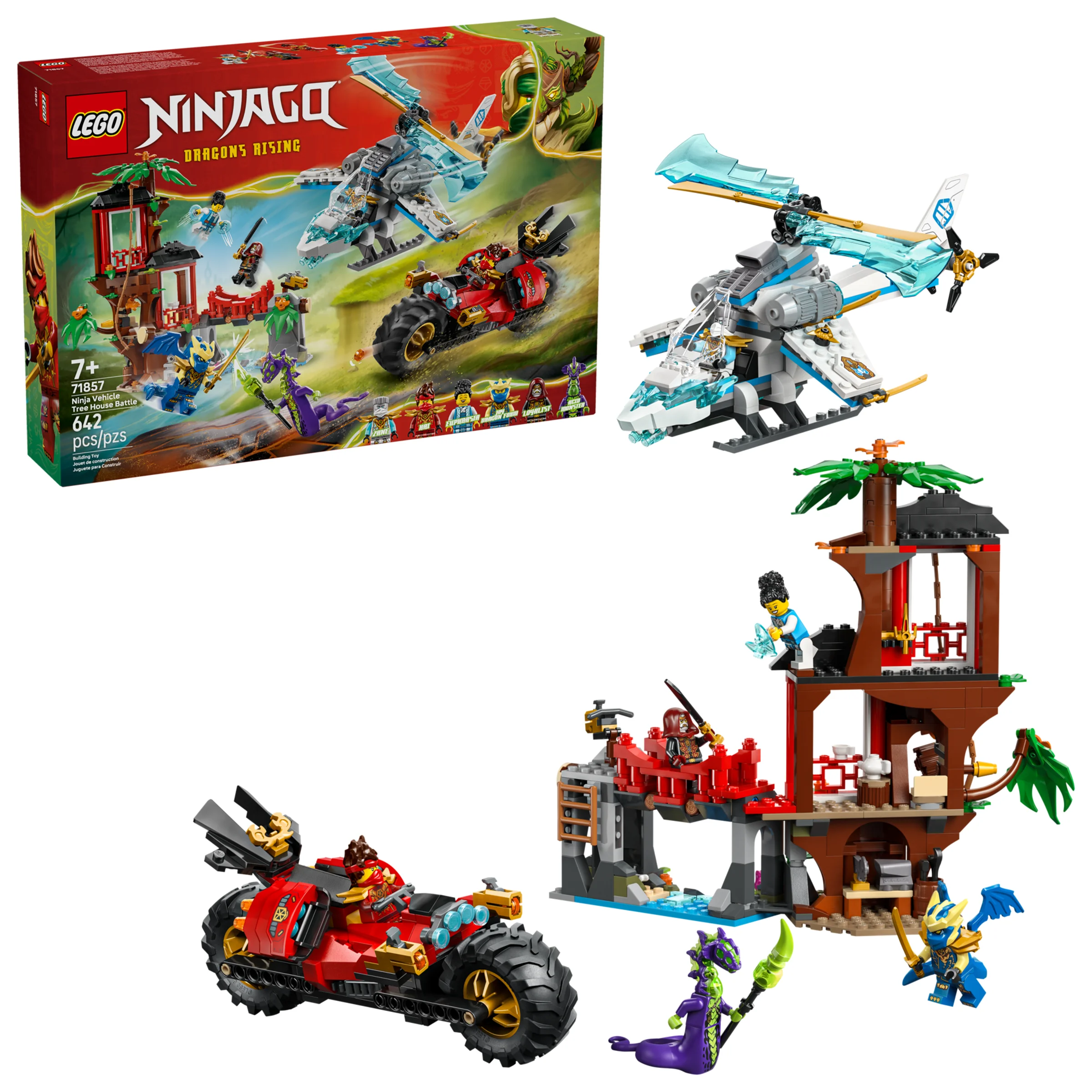 Imagine cu setul LEGO 71857, incluzând cutia, vehiculele și casa din copac Ninja. Detalii complete.