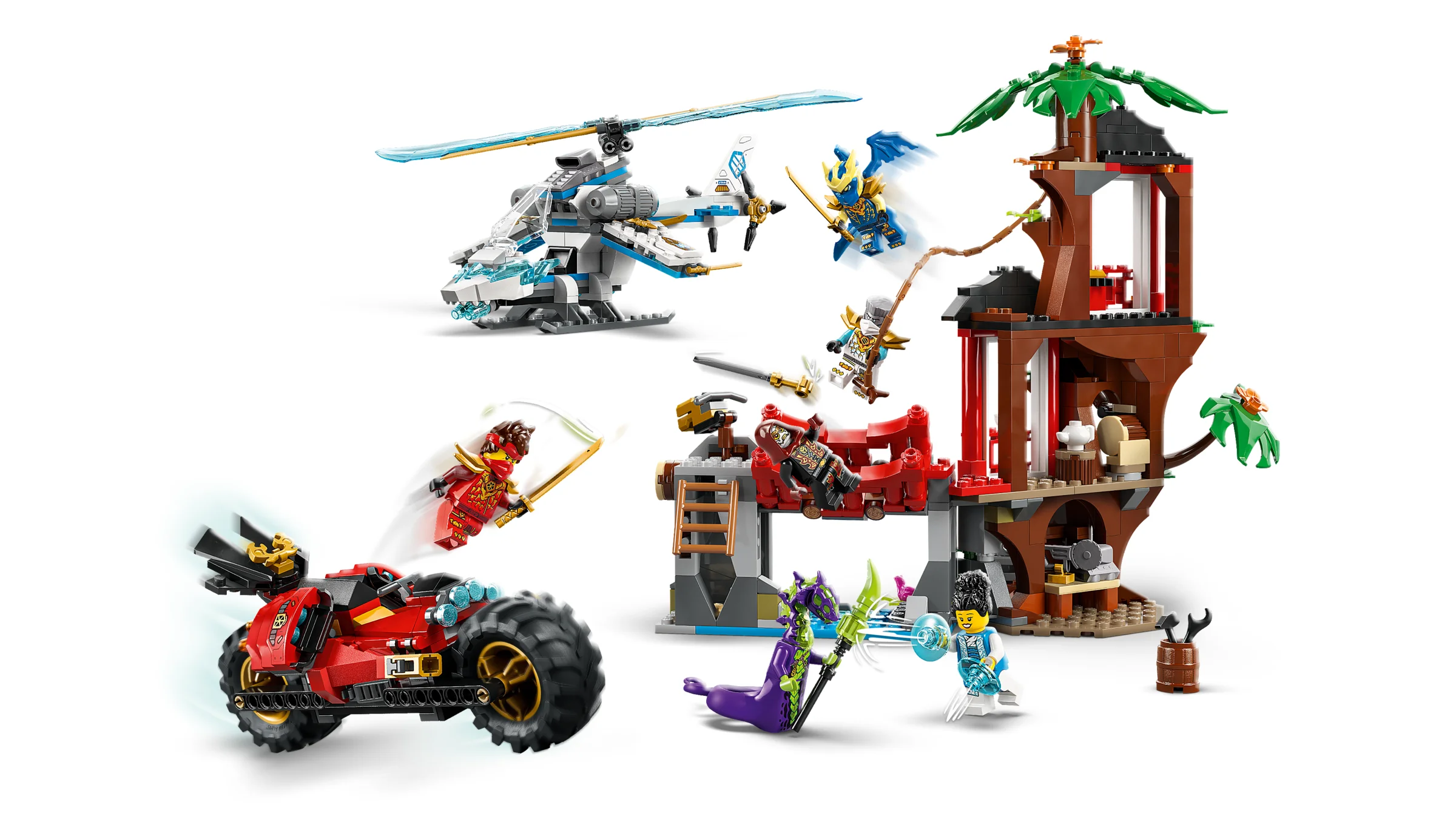 Imagine cu setul LEGO Ninjago 71857, ce include vehicule ninja, casa din copac și minifigurine.