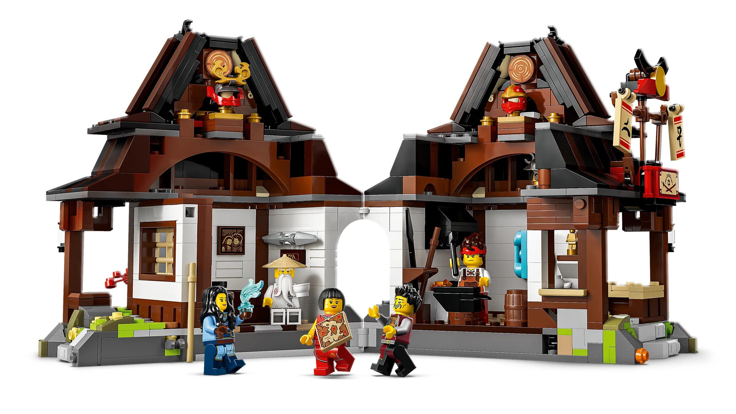 Imagine cu setul LEGO Ninjago 71858, Forja celor Patru Arme, arătând clădirea și minifigurinele.