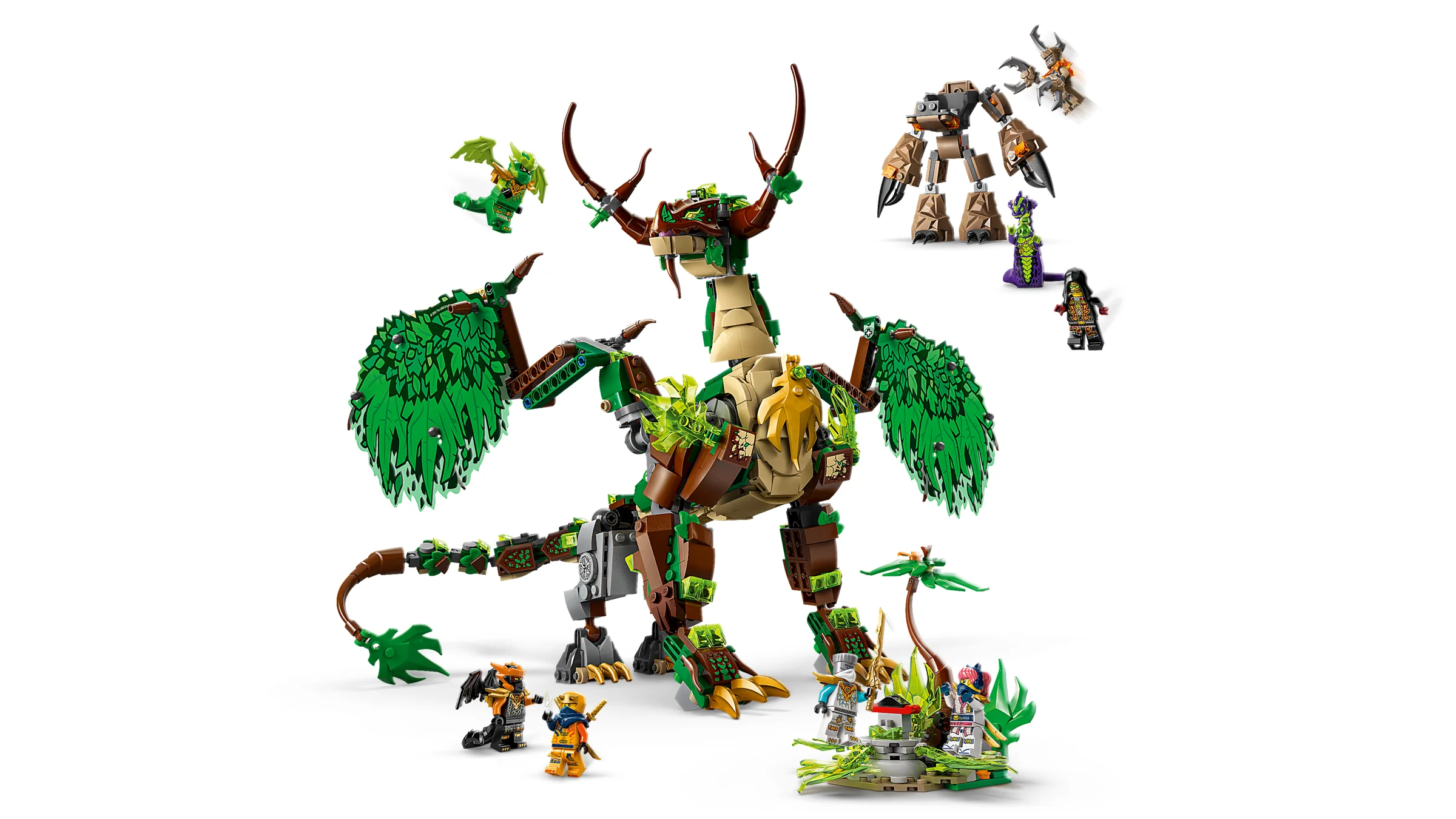 Imagine cu Dragonul Vieții Ninjago, verde și maro, și minifigurinele incluse. 