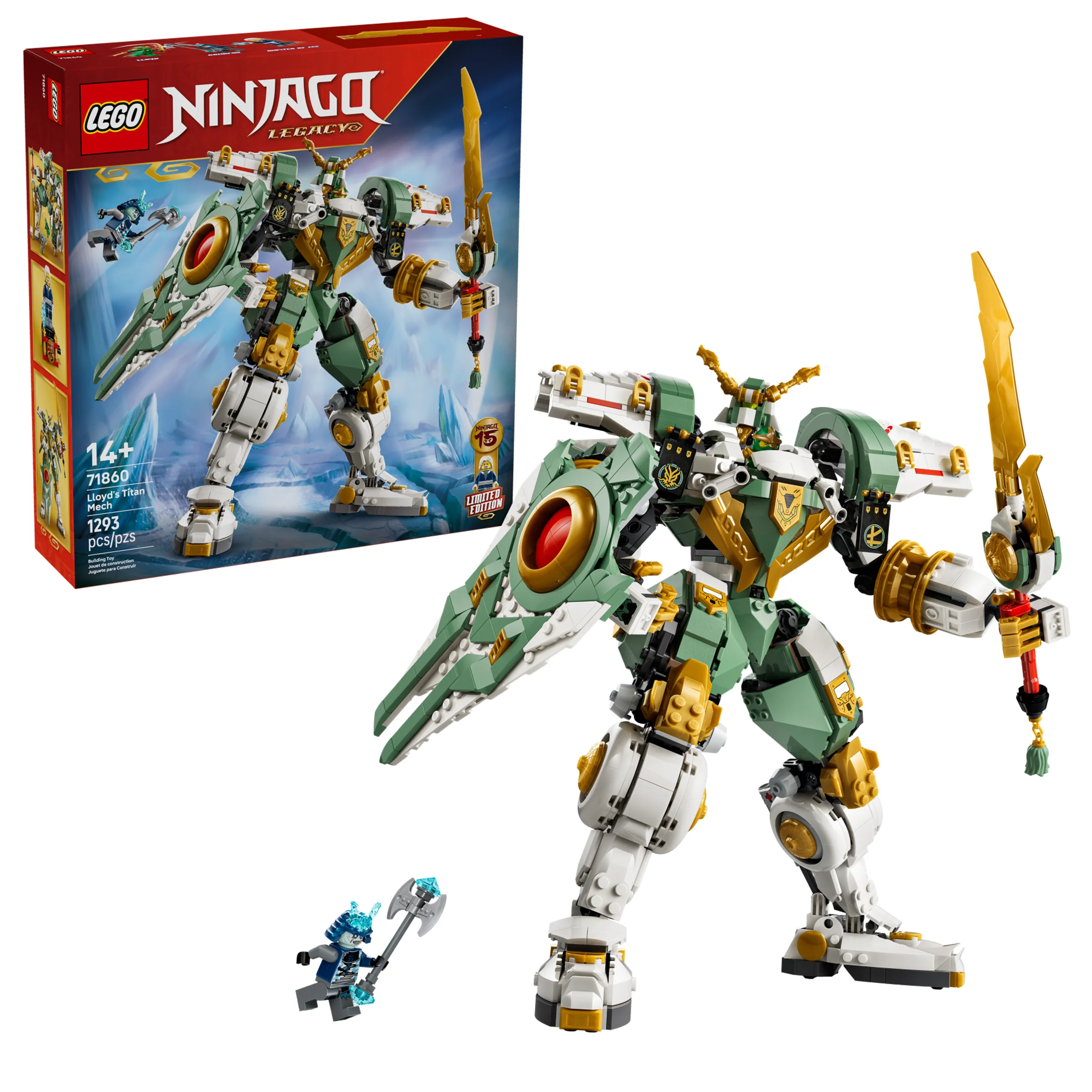 Imagine cu Titan Mech-ul lui Lloyd LEGO Ninjago 71860 și cutia produsului. Detalii verzi, aurii și albe.