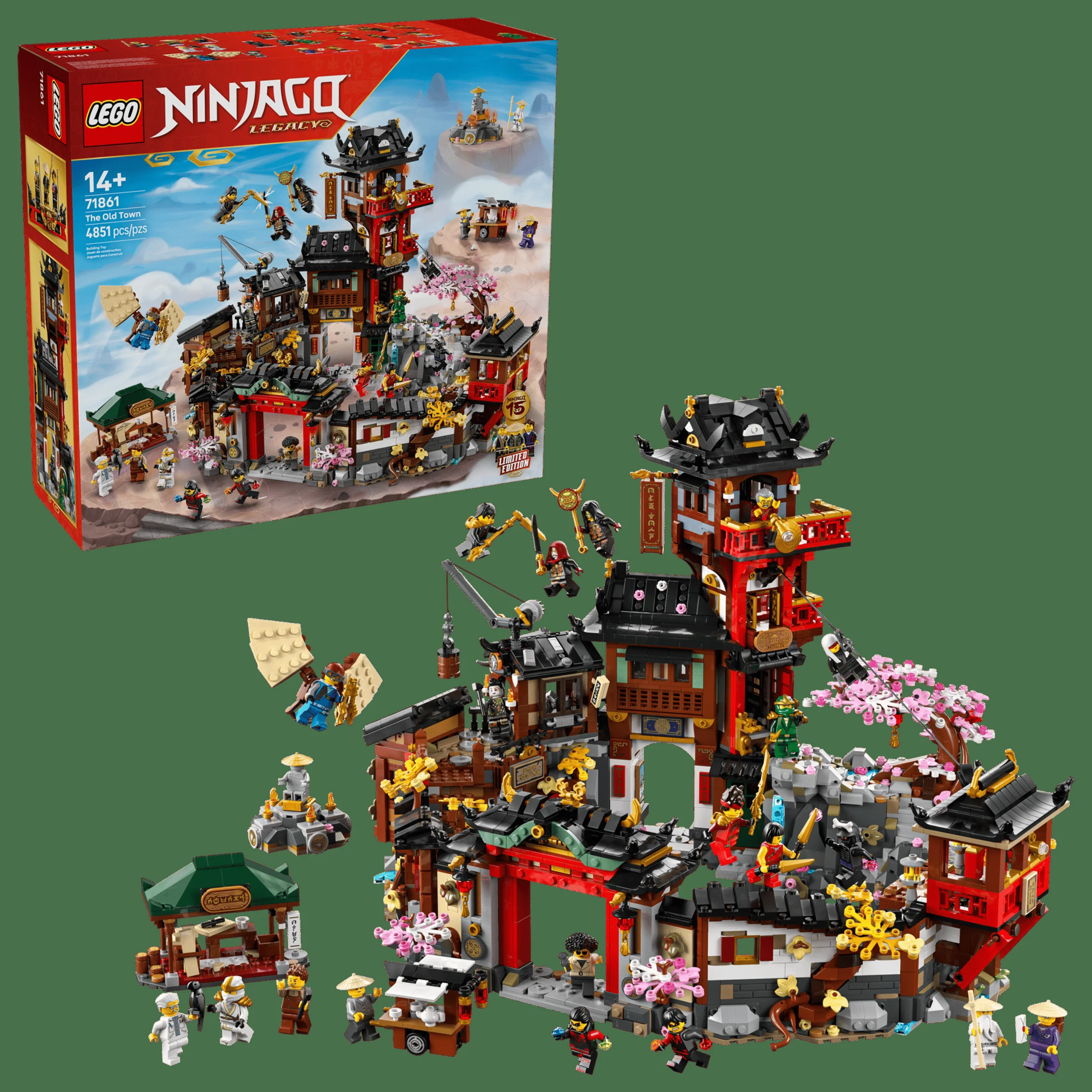Imaginea prezintă setul LEGO 71861, „Orașul Vechi”, cu cutia și modelul construit. Atmosferă detaliată, specifică Ninjago.