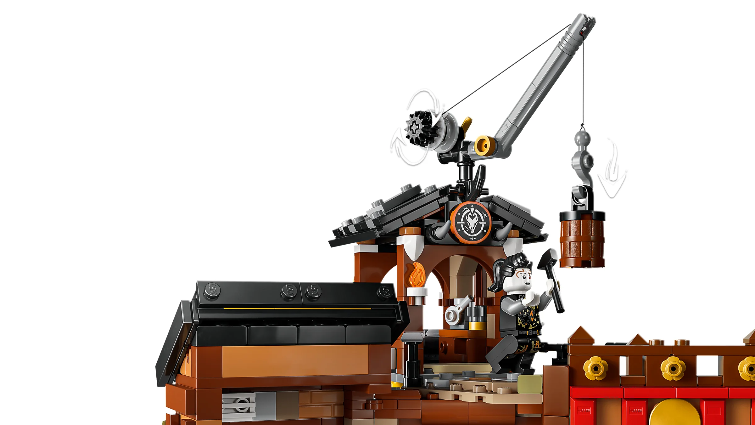 Imagine parțială a setului LEGO Ninjago 71861, cu o minifigurină și o macara detaliată.