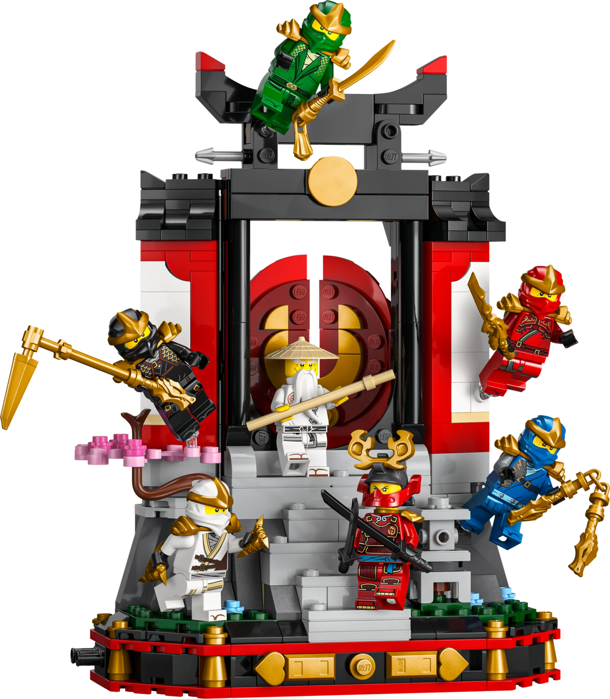 Imagine cu display-ul Ninjago, ce include statui ale personajelor ninja și un portal decorativ.