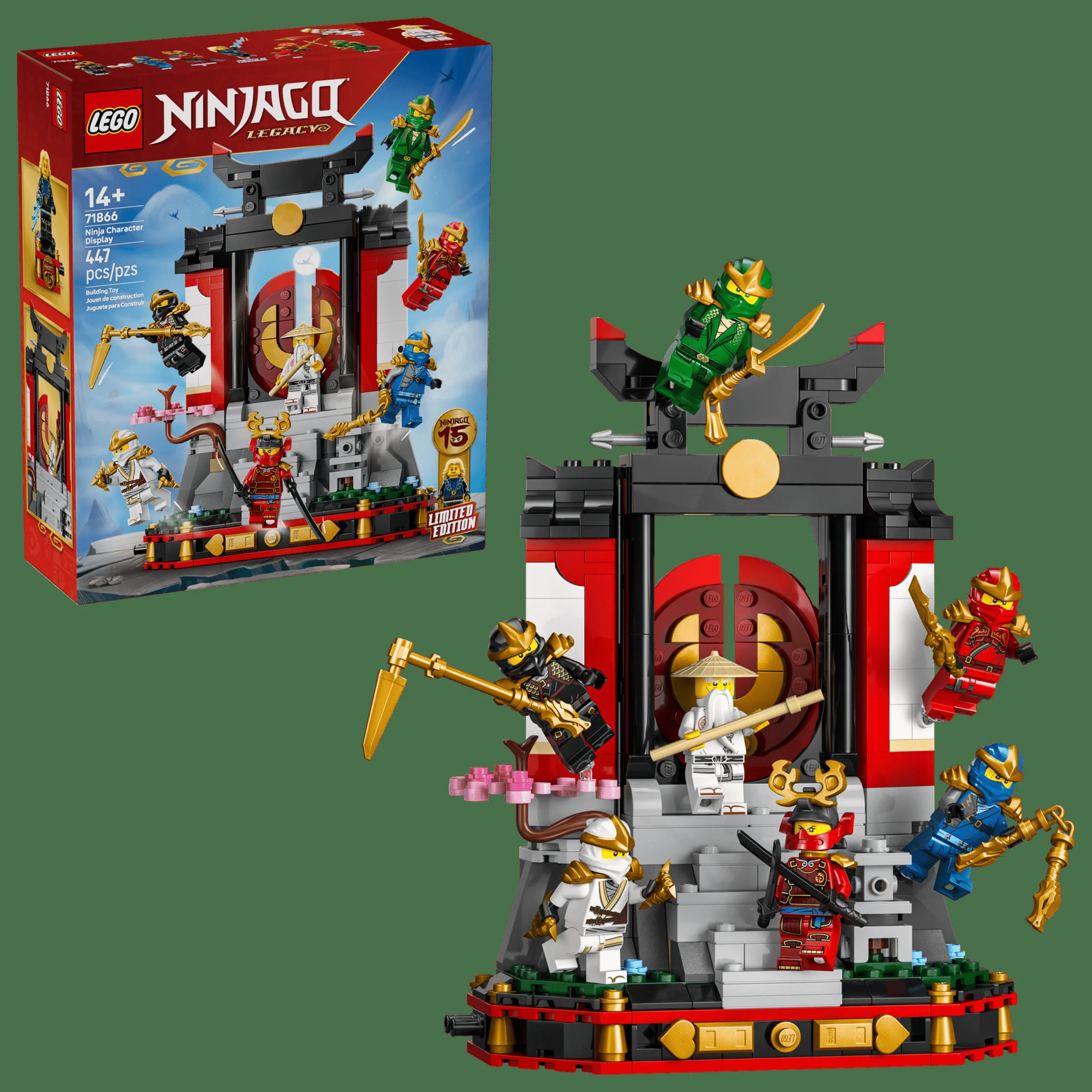 Imagine cu setul LEGO 71866, suportul de personaje Ninja, și cutia acestuia. Detalii ale minifigurinelor și construcției.