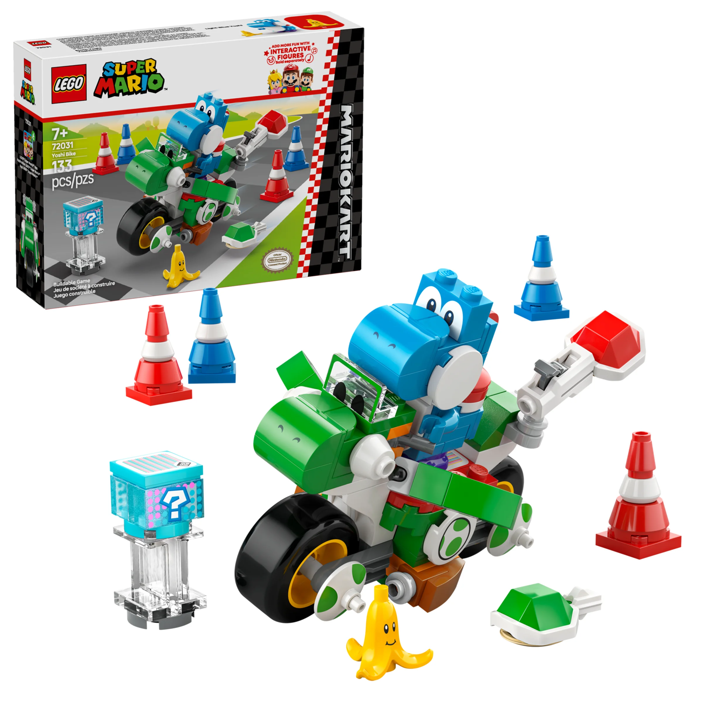 Imagine cu produsul LEGO 72031, cu cutia și modelul Yoshi Bike asamblat, cu accesorii. 