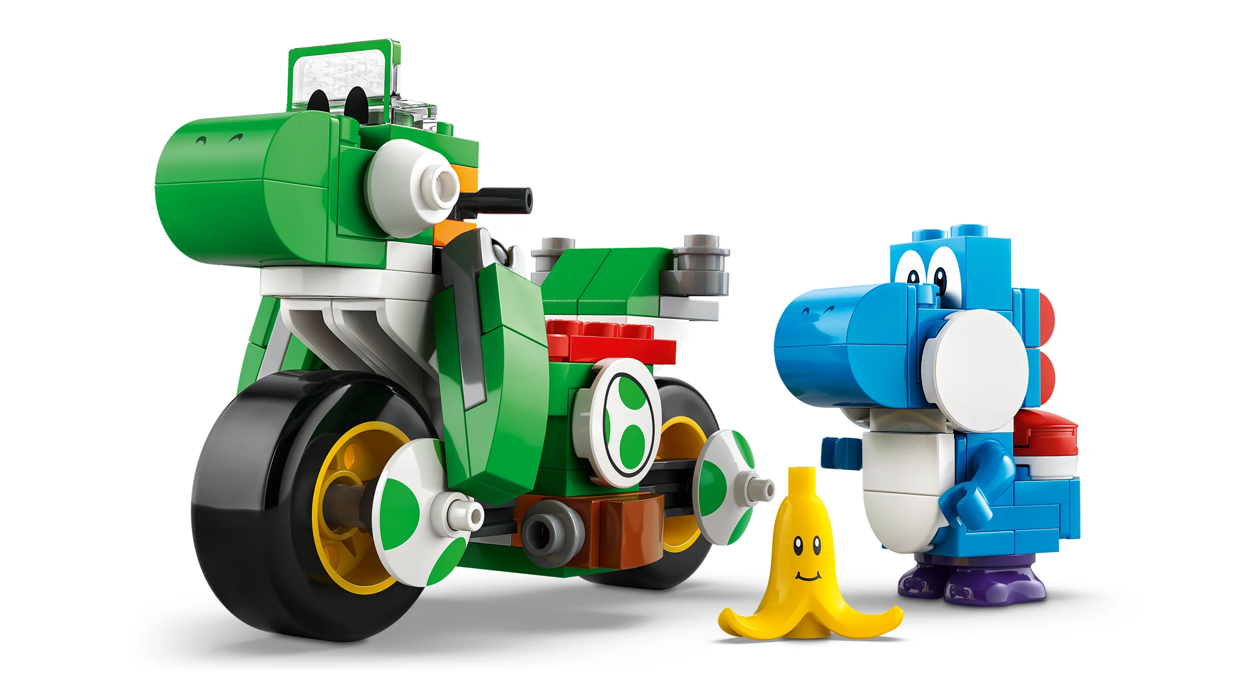Imagine cu setul LEGO 72031, motocicleta Yoshi, și un Yoshi albastru cu banană. Modelul este bine evidențiat.